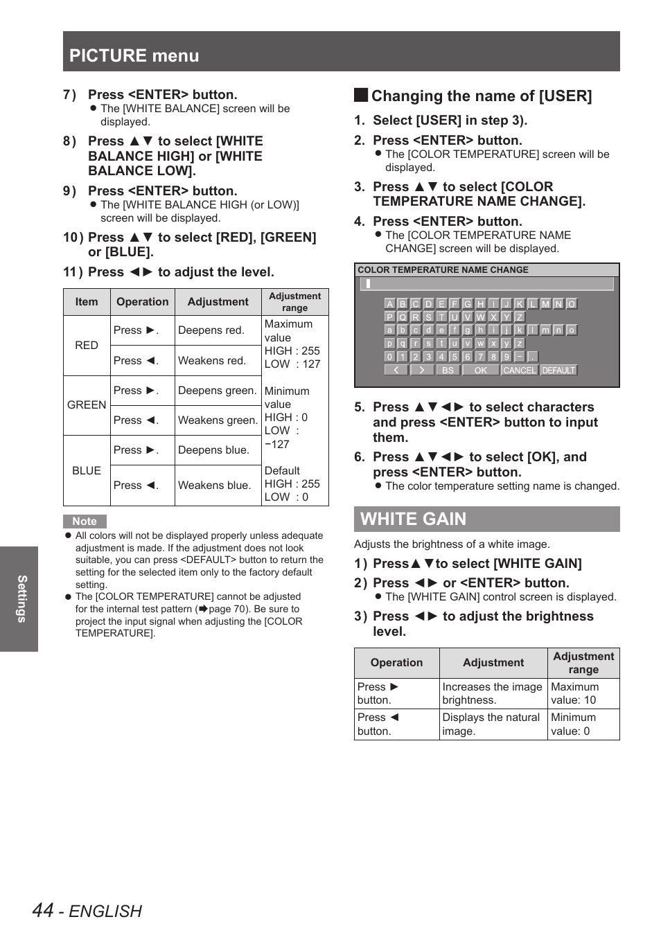 White gain, Picture menu, English | Changing the name of [user | Panasonic TQBJ0349 User Manual | Page 44 / 95