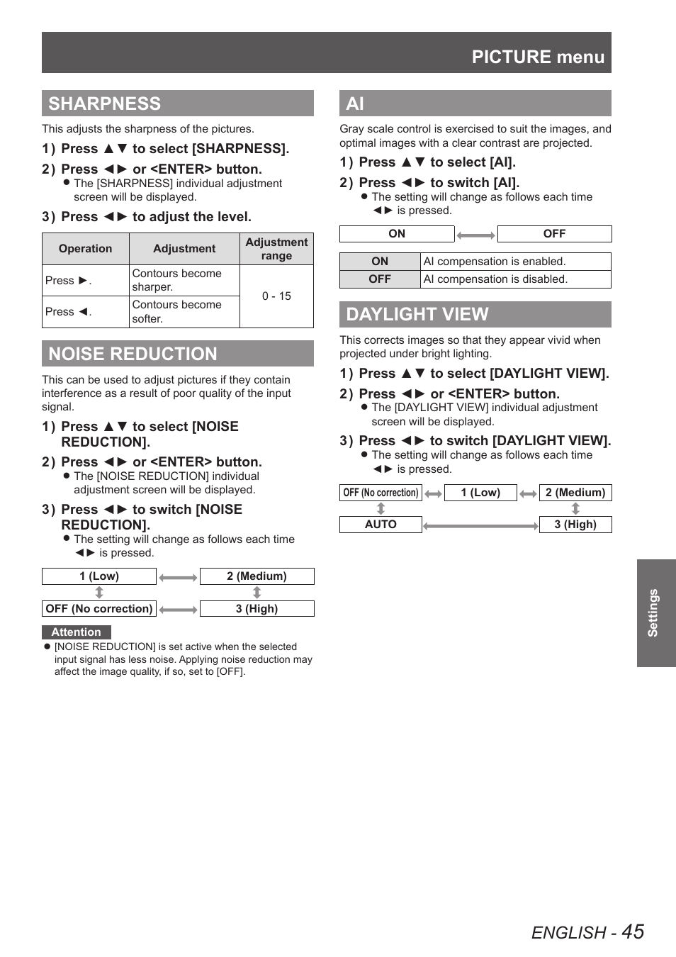 Sharpness, Noise reduction, Daylight view | Sharpness noise reduction ai daylight view, Picture menu, English | Panasonic TQBJ0349 User Manual | Page 45 / 95