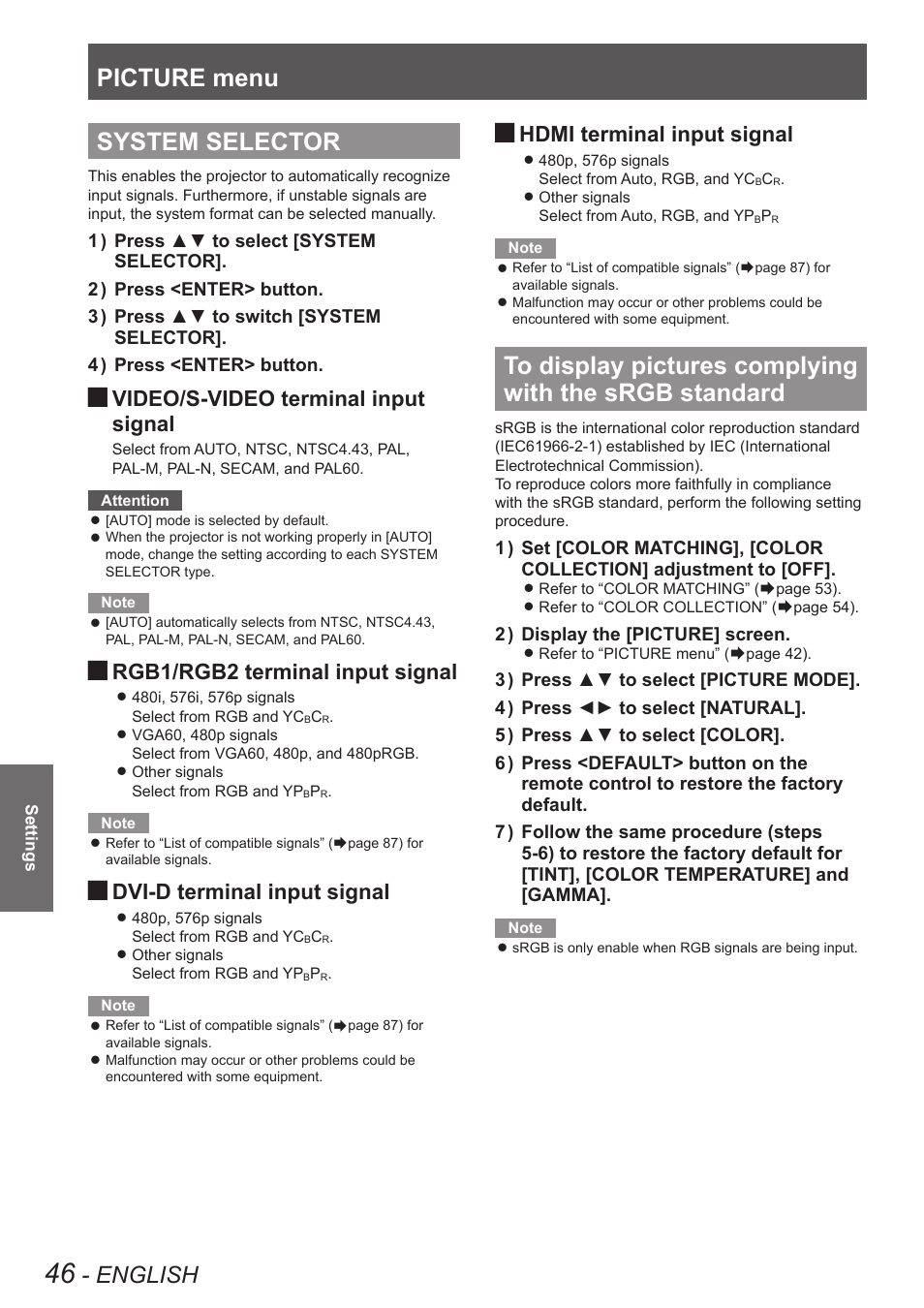 System selector, Standard, Picture menu | English, Video/s-video terminal input signal, Rgb1/rgb2 terminal input signal, Dvi-d terminal input signal, Hdmi terminal input signal | Panasonic TQBJ0349 User Manual | Page 46 / 95