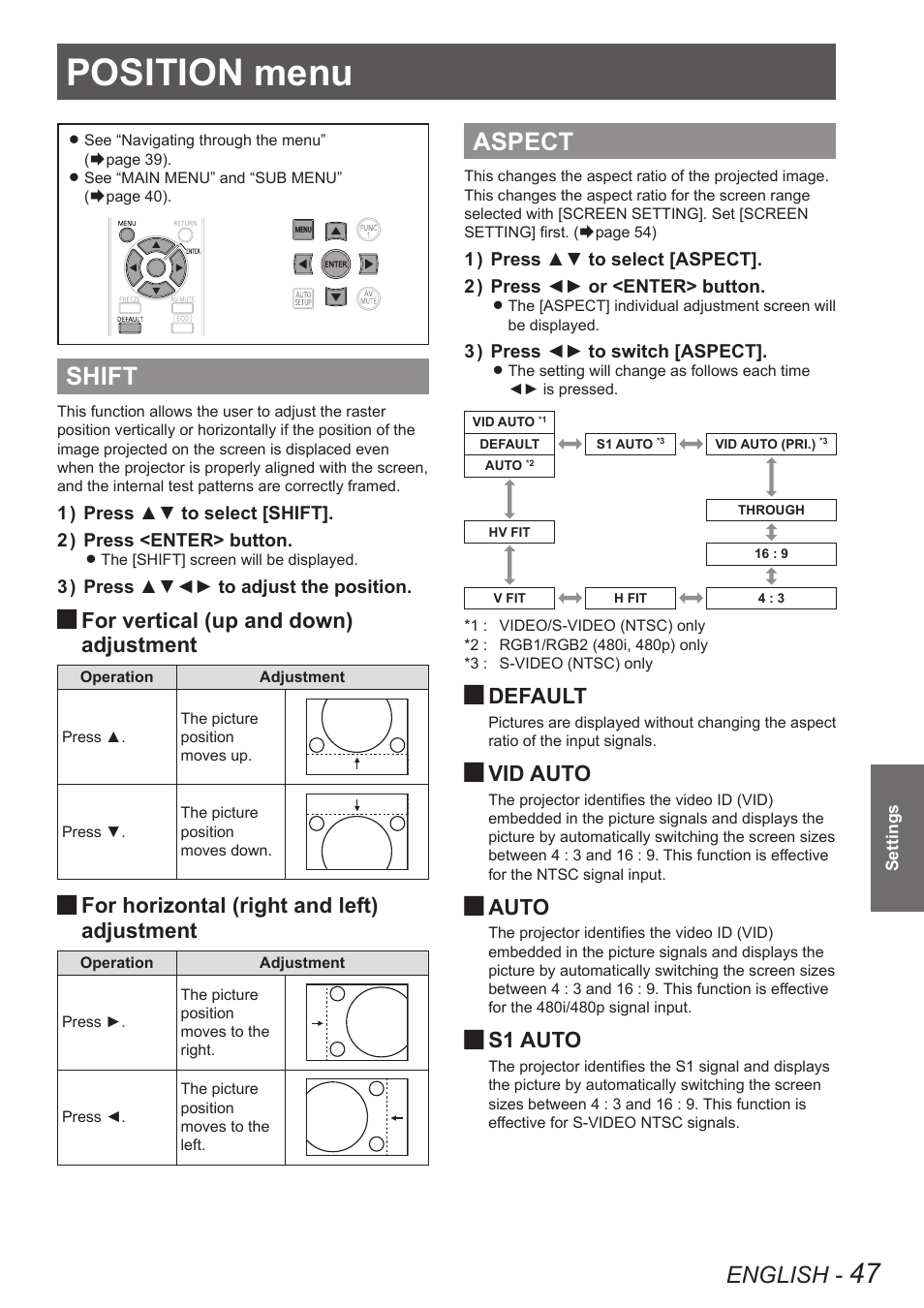 Position menu, Shift, Aspect | Shift aspect, English, For vertical (up and down) adjustment, For horizontal (right and left) adjustment, Default, Vid auto, Auto | Panasonic TQBJ0349 User Manual | Page 47 / 95