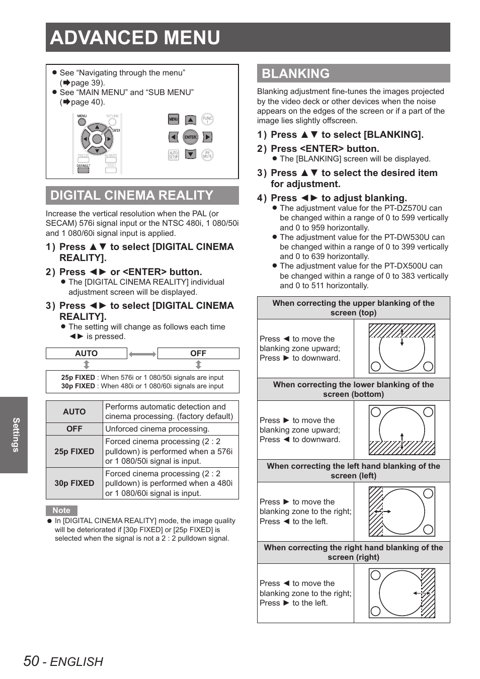 Advanced menu, Digital cinema reality, Blanking | Digital cinema reality blanking, English | Panasonic TQBJ0349 User Manual | Page 50 / 95