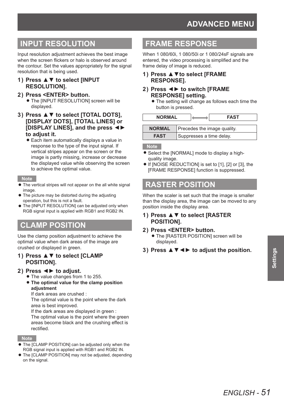 Input resolution, Clamp position, Frame response | Raster position, Advanced menu, English | Panasonic TQBJ0349 User Manual | Page 51 / 95