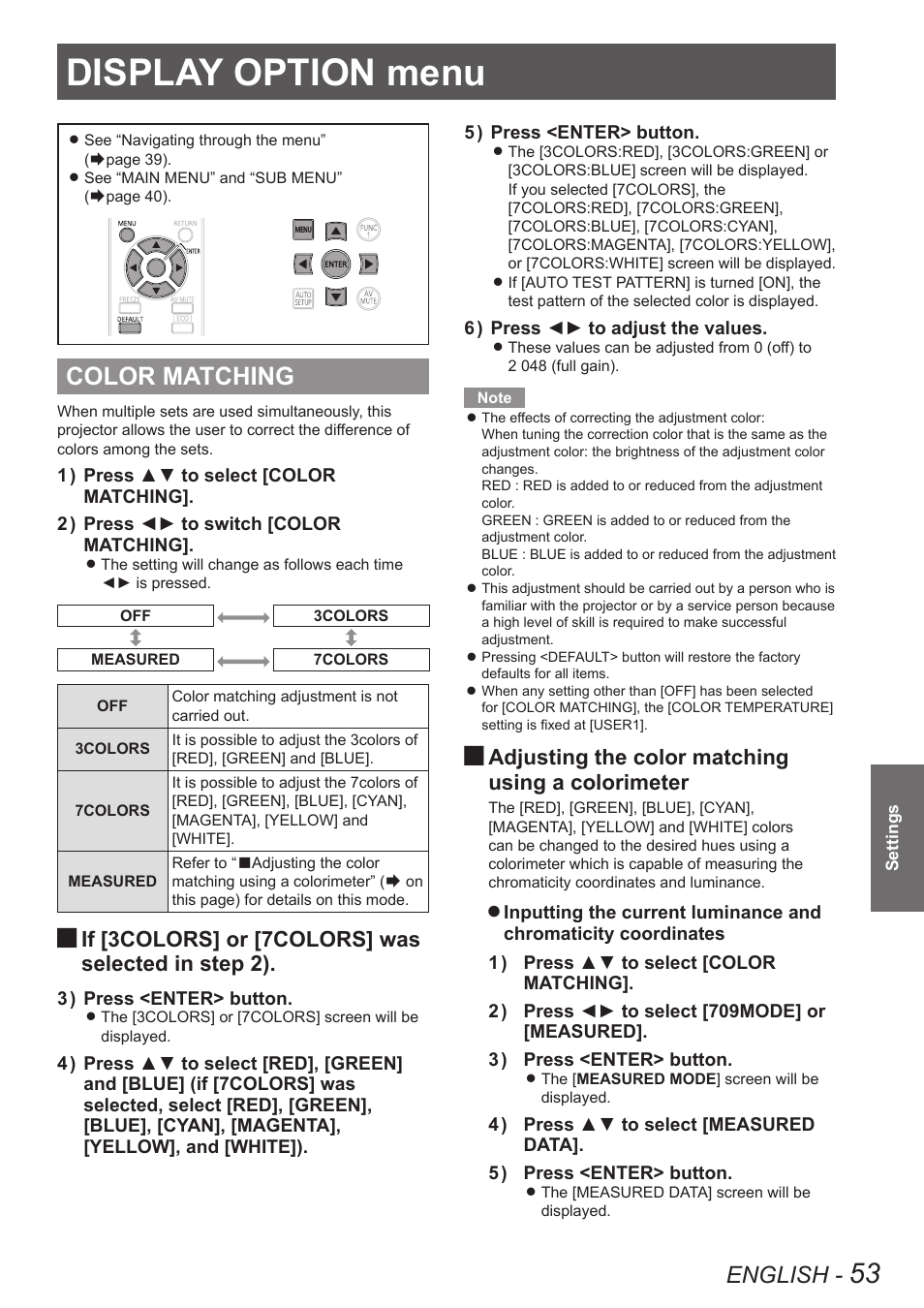 Display option menu, Color matching, Refer to | English, If [3colors] or [7colors] was selected in step 2), Adjusting the color matching using a colorimeter | Panasonic TQBJ0349 User Manual | Page 53 / 95