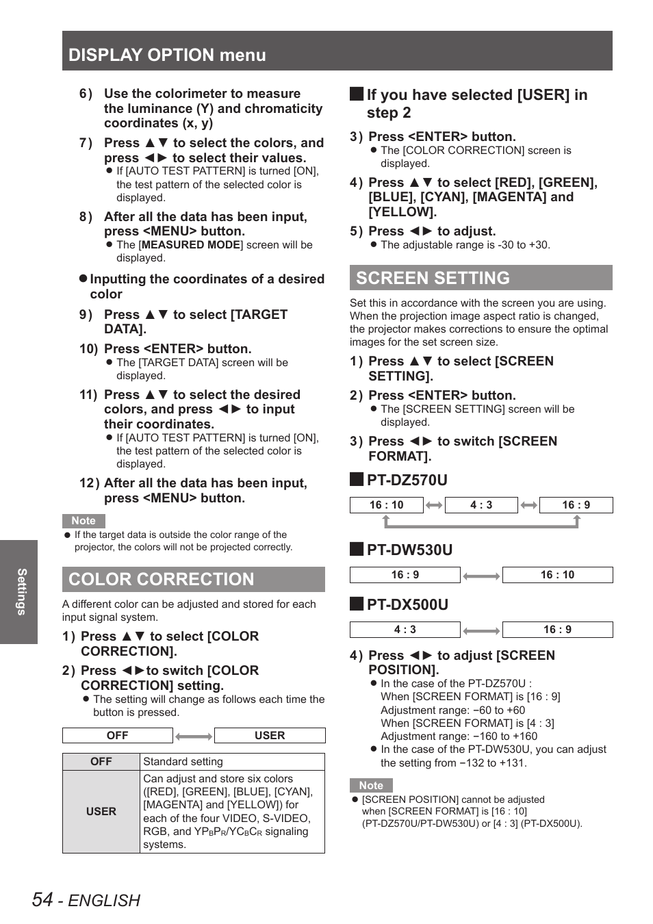 Color correction, Screen setting, Color correction screen setting | Refer to, Color collection, Display option menu, English, If you have selected [user] in, Step 2, Pt-dz570u | Panasonic TQBJ0349 User Manual | Page 54 / 95