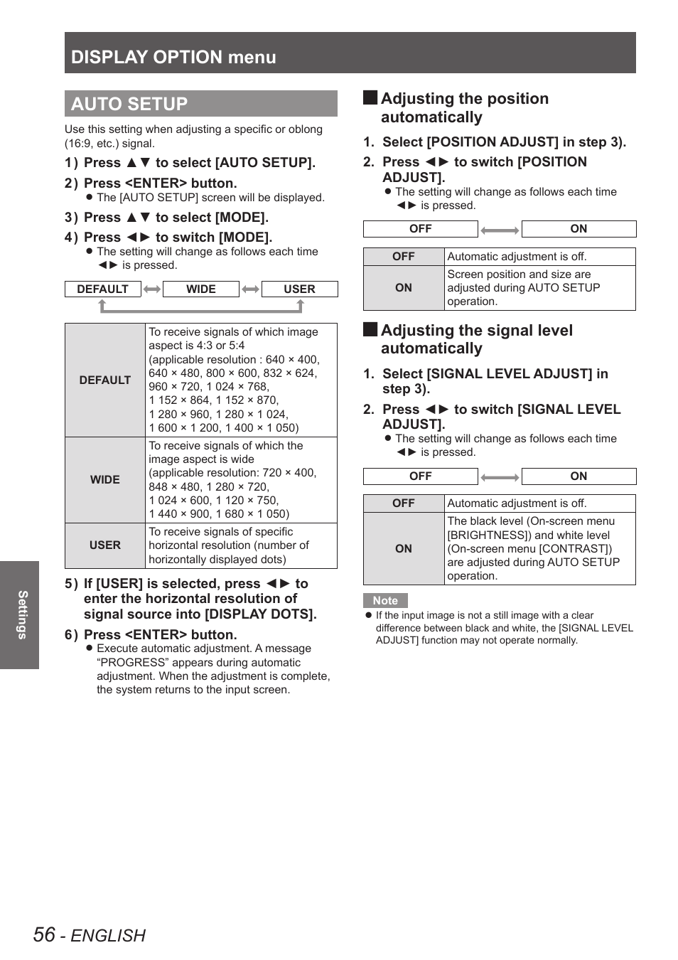 Auto setup, Auto setup” of “display option, Menu | Display option menu, English, Adjusting the position automatically, Adjusting the signal level automatically | Panasonic TQBJ0349 User Manual | Page 56 / 95