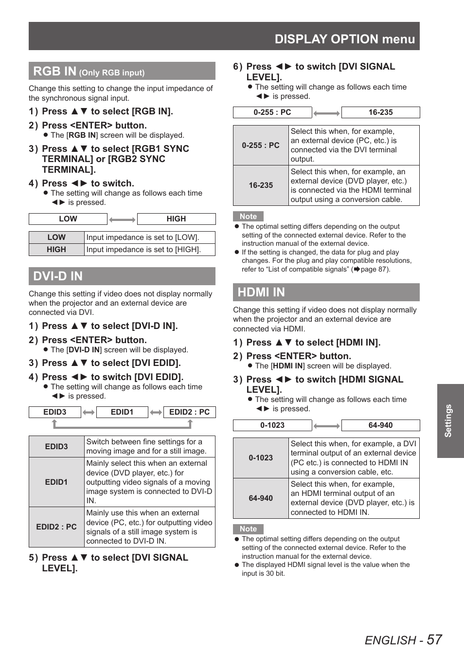 Rgb in (only rgb input), Dvi-d in, Hdmi in | Rgb in (only rgb input) dvi-d in hdmi in, Display option menu, Rgb in, English | Panasonic TQBJ0349 User Manual | Page 57 / 95