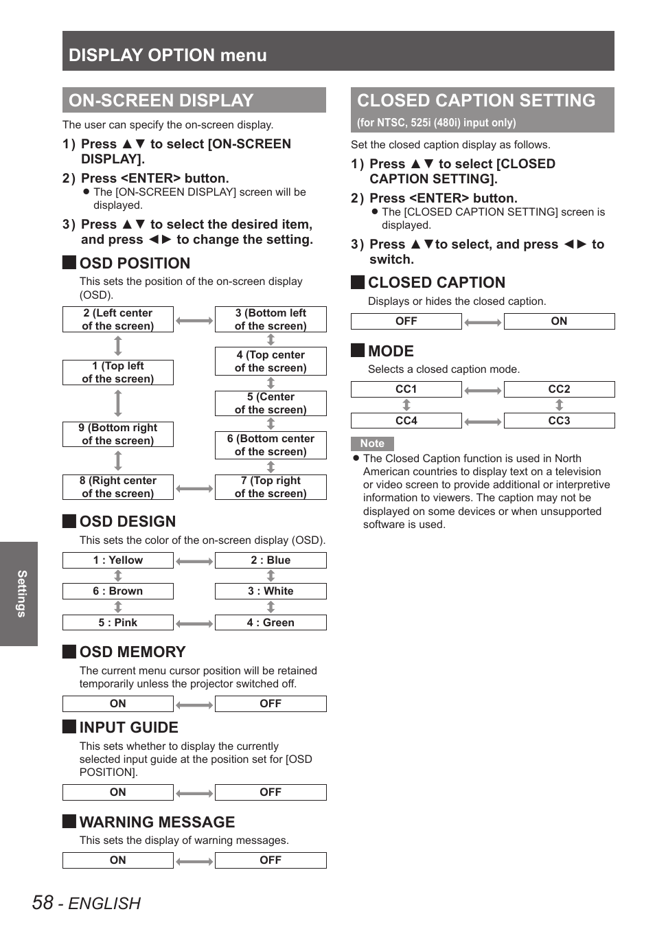 On-screen display, On-screen display closed caption setting, For ntsc, 525i (480i) input only) | Display option menu, Closed caption setting, English, Osd position, Osd design, Input guide, Warning message | Panasonic TQBJ0349 User Manual | Page 58 / 95