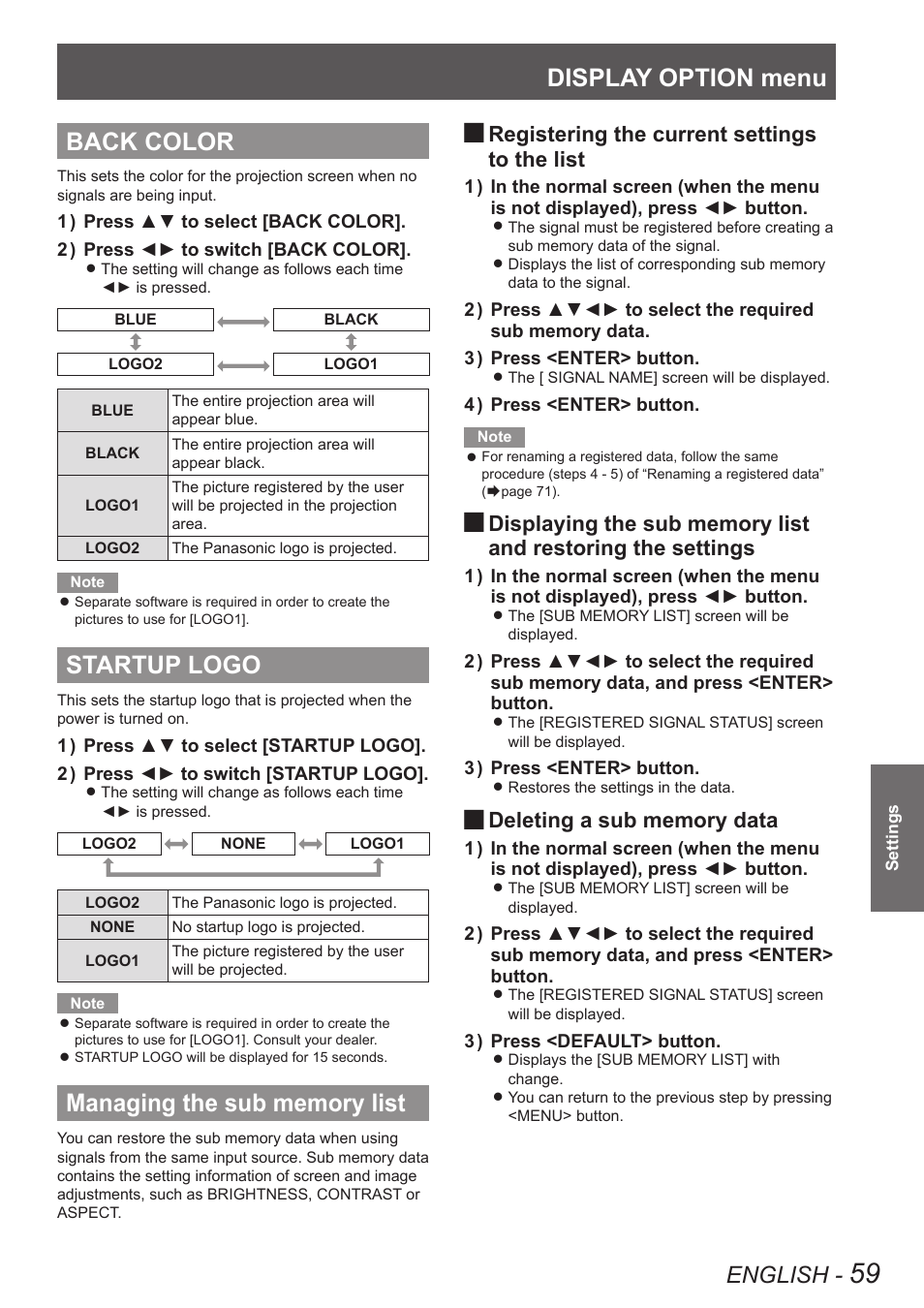 Back color, Startup logo, Managing the sub memory list | Display option menu, English, Registering the current settings, And restoring the settings | Panasonic TQBJ0349 User Manual | Page 59 / 95