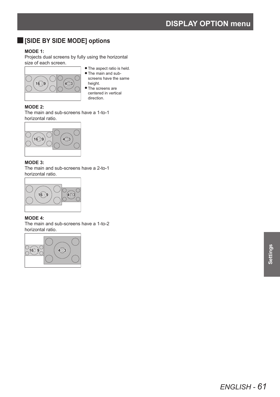Display option menu, English, Side by side mode] options | Panasonic TQBJ0349 User Manual | Page 61 / 95