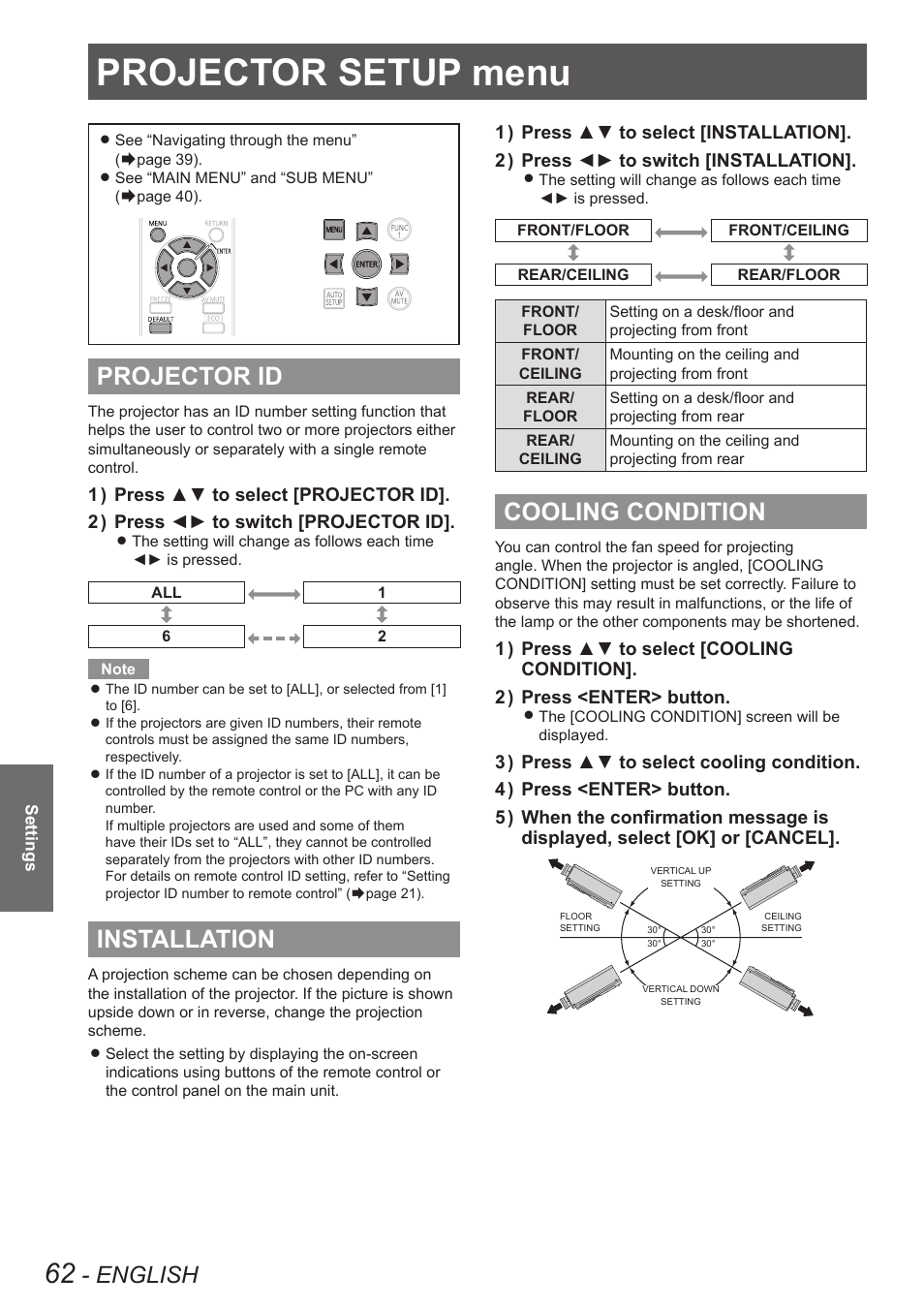 Projector setup menu, Projector id, Installation | Cooling condition, Projector id installation cooling condition, English | Panasonic TQBJ0349 User Manual | Page 62 / 95