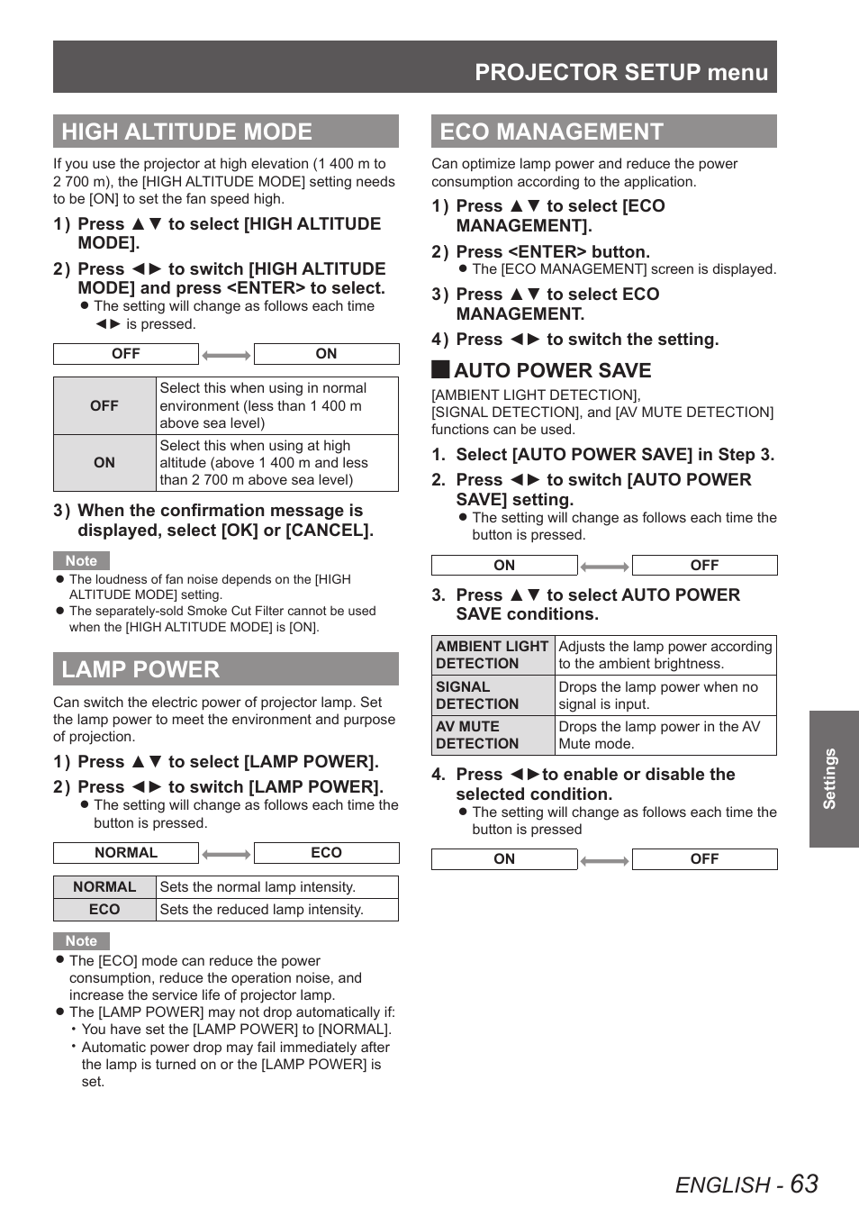 High altitude mode, Lamp power, Eco management | High altitude mode lamp power eco management, For details, see, Eco management” of “projector, Setup, Projector setup menu, English, Auto power save | Panasonic TQBJ0349 User Manual | Page 63 / 95