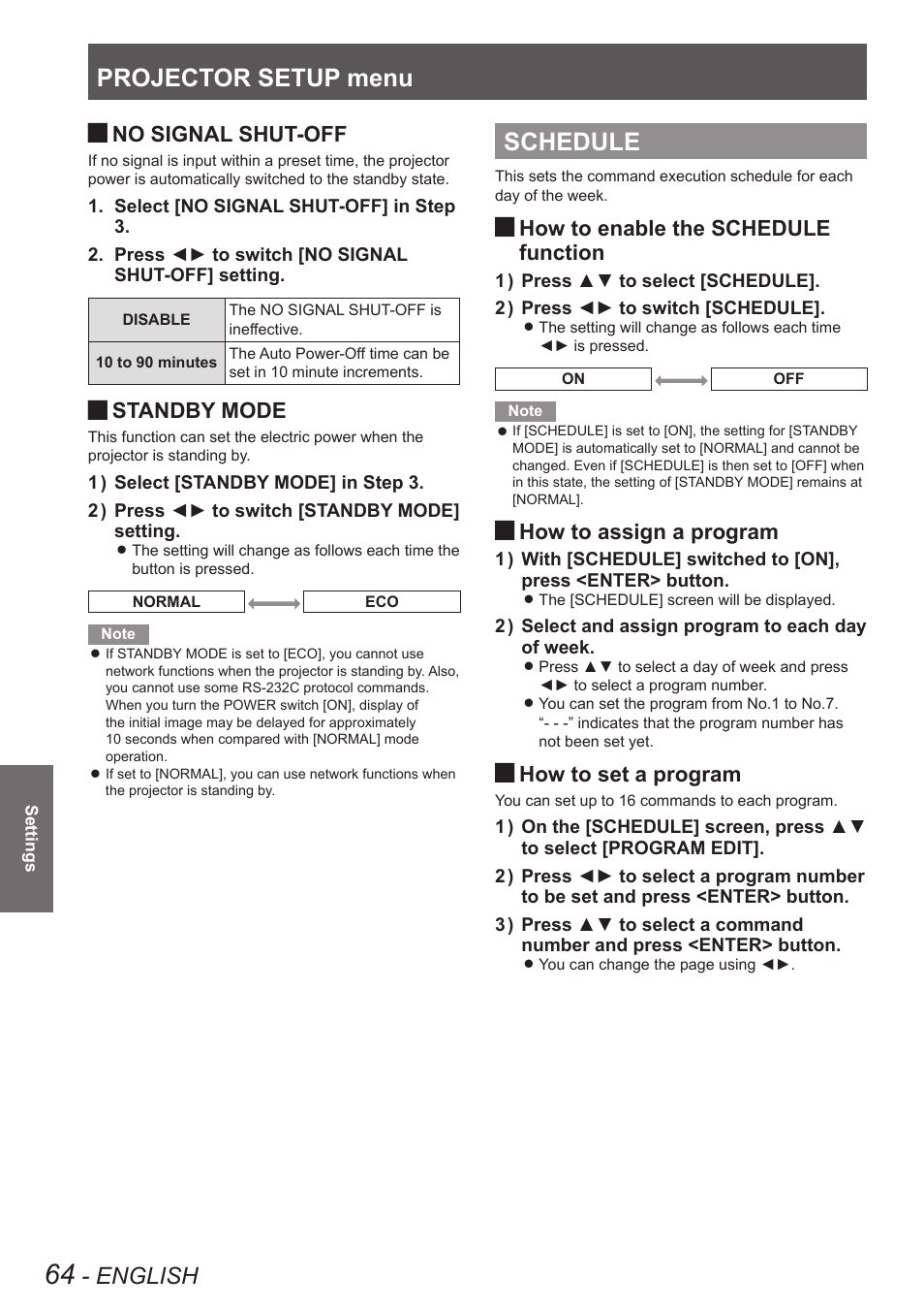 Schedule, Projector setup menu, English | No signal shut-off, Standby mode, How to enable the schedule function, How to assign a program, How to set a program | Panasonic TQBJ0349 User Manual | Page 64 / 95