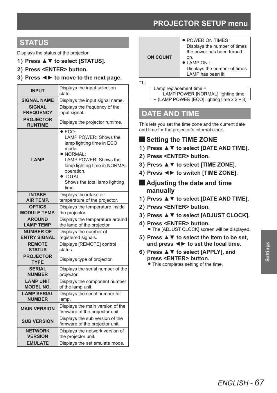 Status, Date and time, Status date and time | Projector setup menu, English, Setting the time zone, Adjusting the date and time manually | Panasonic TQBJ0349 User Manual | Page 67 / 95