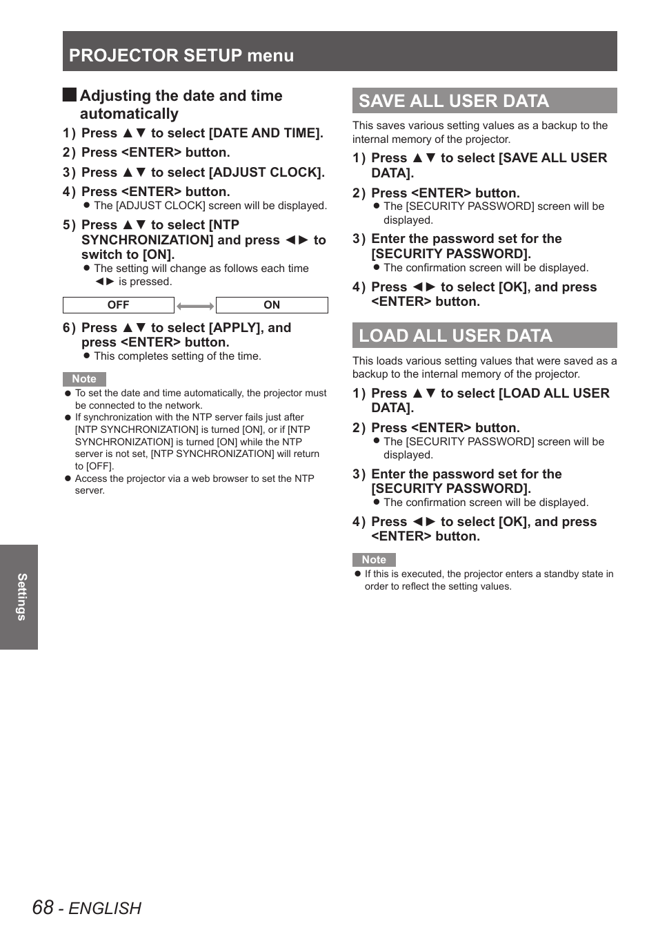 Save all user data, Load all user data, Save all user data load all user data | Projector setup menu, English, Adjusting the date and time automatically | Panasonic TQBJ0349 User Manual | Page 68 / 95