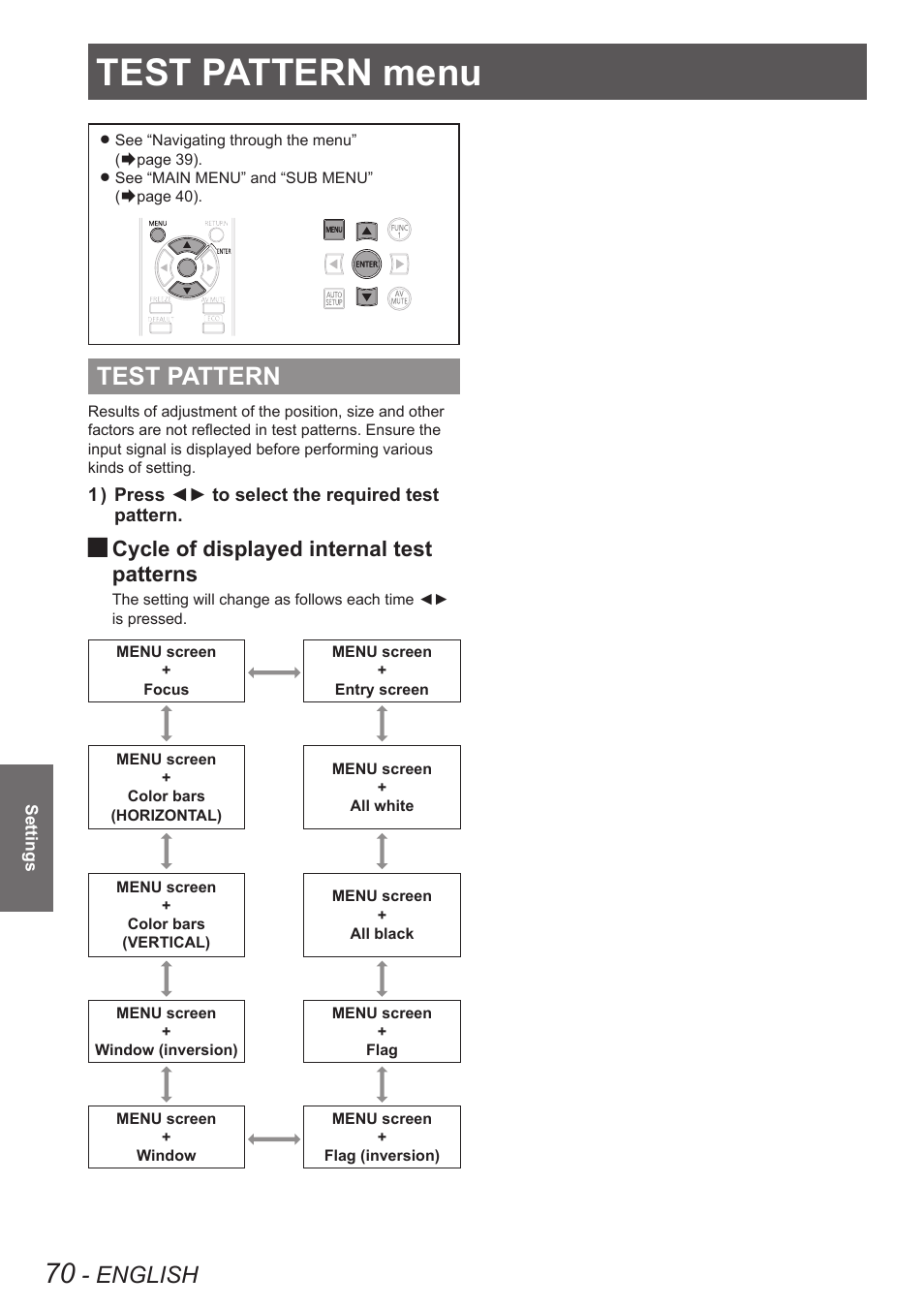 Test pattern menu, Test pattern, English | Cycle of displayed internal test patterns | Panasonic TQBJ0349 User Manual | Page 70 / 95