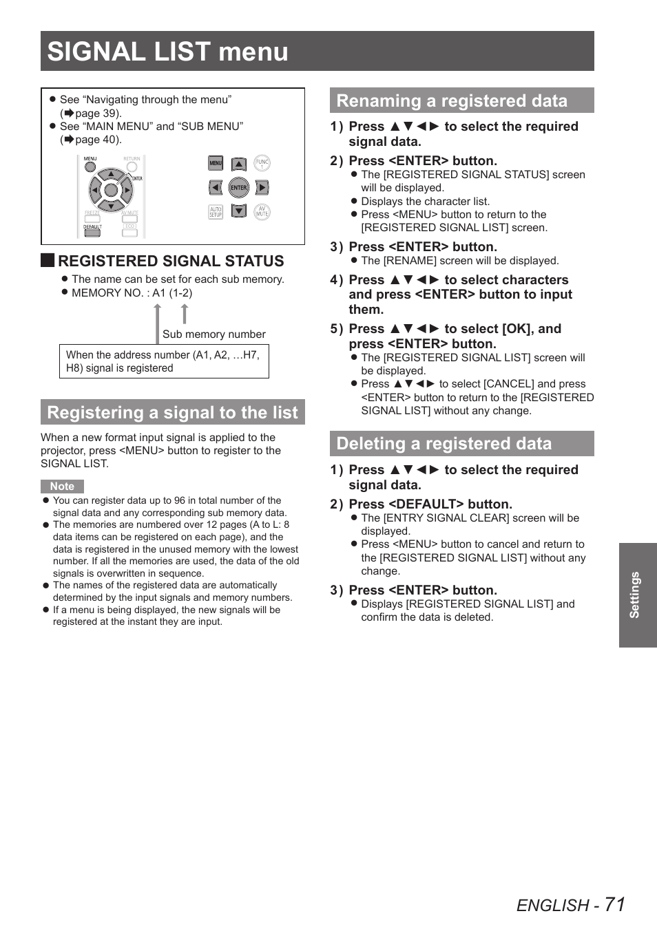 Signal list menu, Registering a signal to the list, Renaming a registered data | Deleting a registered data, English, Registered signal status | Panasonic TQBJ0349 User Manual | Page 71 / 95