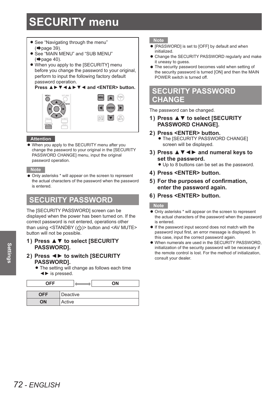 Security menu, Security password, Security password change | Security password security password change, English | Panasonic TQBJ0349 User Manual | Page 72 / 95