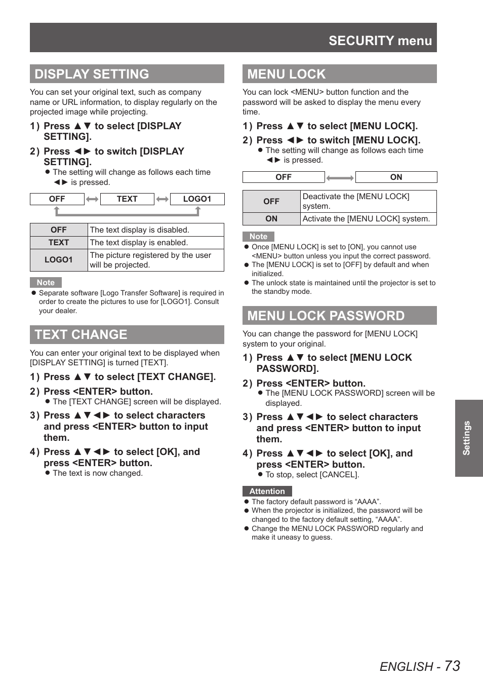 Display setting, Text change, Menu lock | Menu lock password, Security menu, English | Panasonic TQBJ0349 User Manual | Page 73 / 95