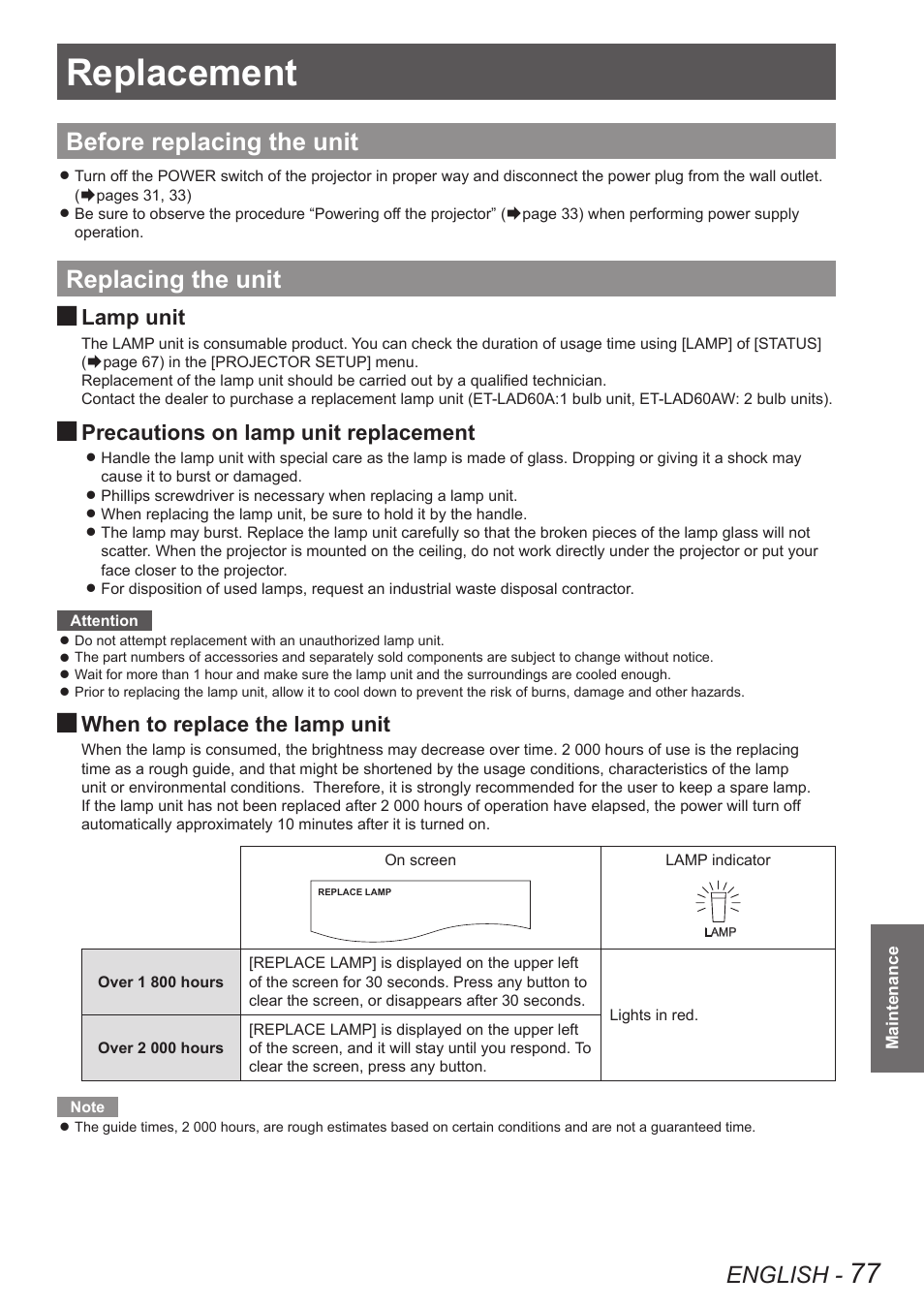 Replacement, Before replacing the unit, Replacing the unit | Before replacing the unit replacing the unit, English, Lamp unit, Precautions on lamp unit replacement, When to replace the lamp unit | Panasonic TQBJ0349 User Manual | Page 77 / 95