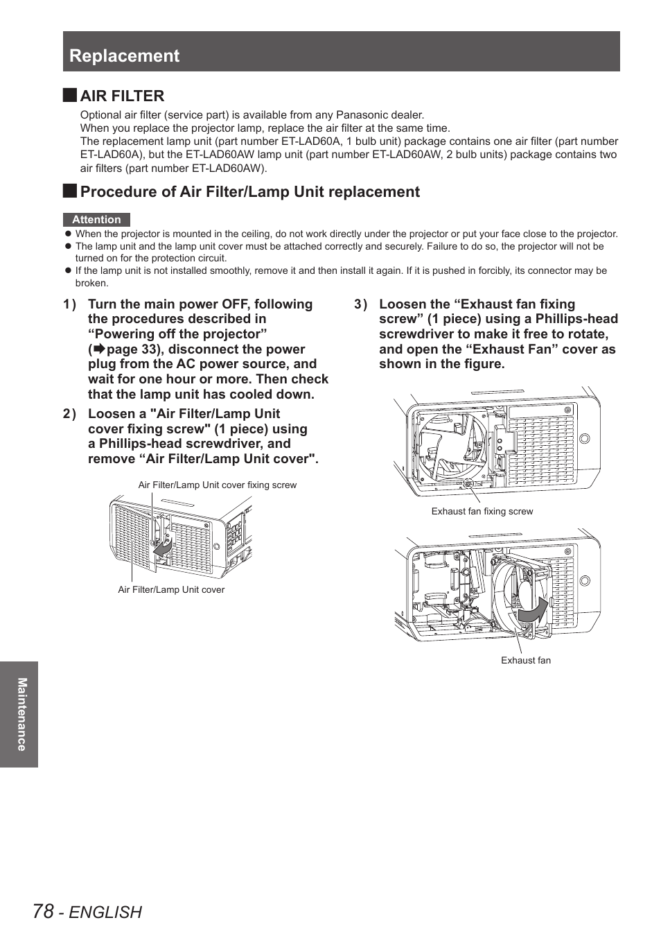 Replacement, English, Air filter | Procedure of air filter/lamp unit replacement | Panasonic TQBJ0349 User Manual | Page 78 / 95