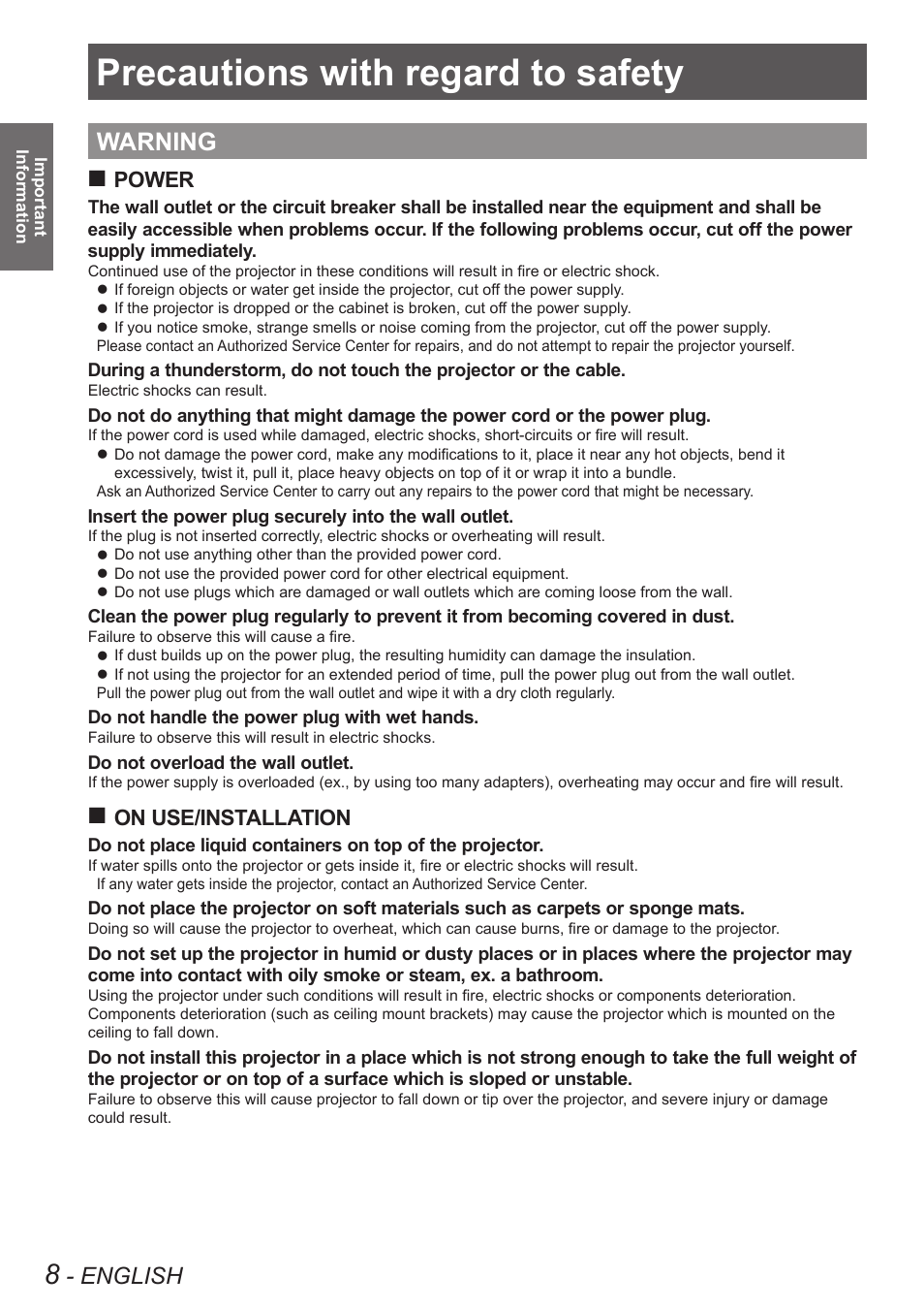 Precautions with regard to safety, Warning, English | Power, On use/installation | Panasonic TQBJ0349 User Manual | Page 8 / 95