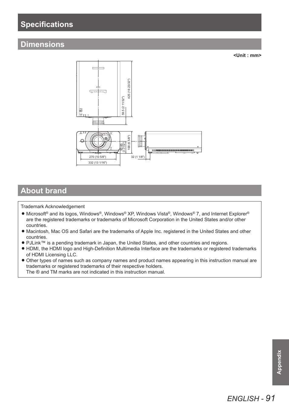 Dimensions, About brand, Dimensions about brand | Specifications, English | Panasonic TQBJ0349 User Manual | Page 91 / 95