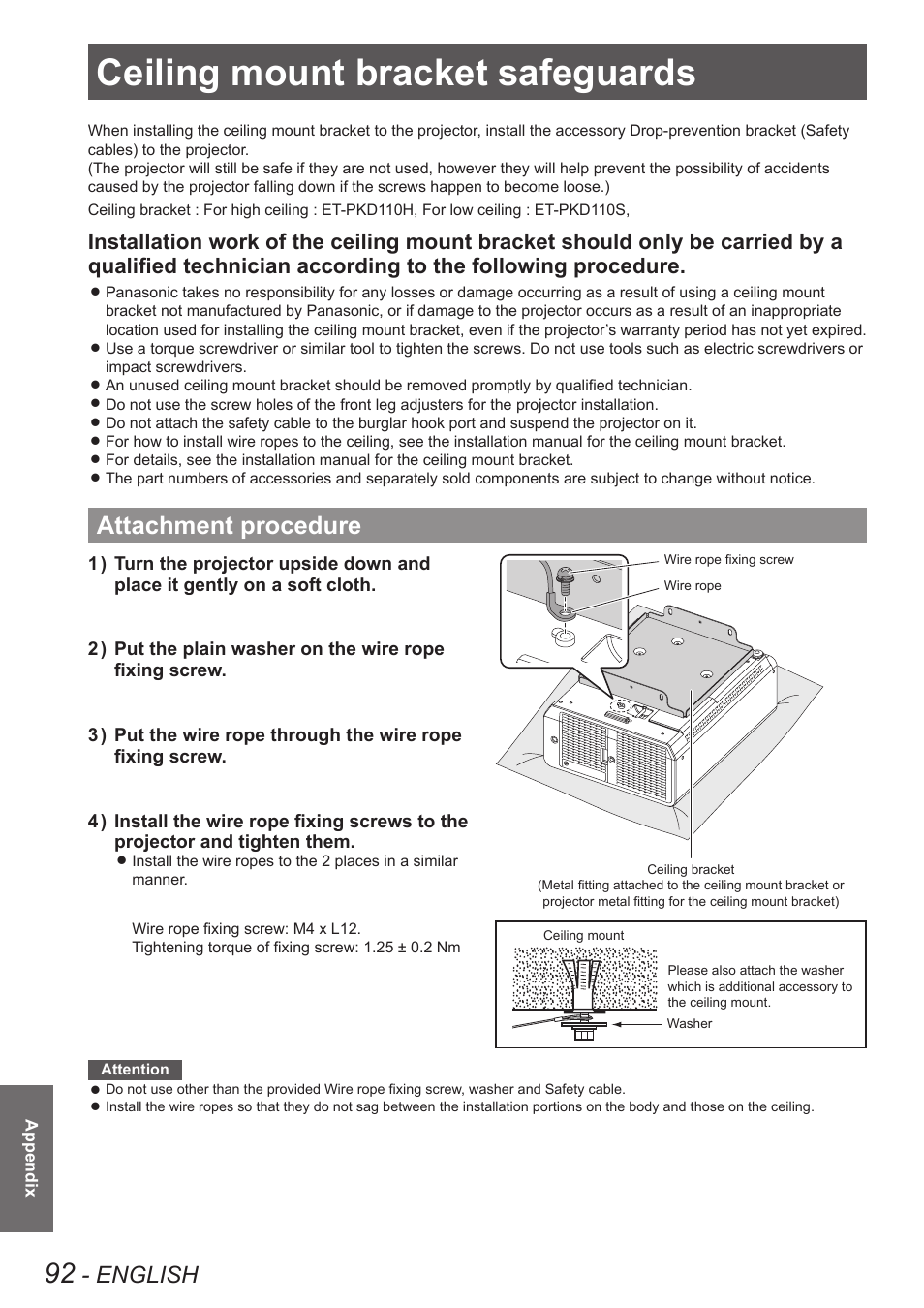 Ceiling mount bracket safeguards, Attachment procedure, English | Panasonic TQBJ0349 User Manual | Page 92 / 95