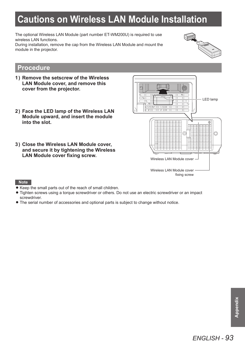 Cautions on wireless lan module installation, Procedure, Cautions on wireless lan module | Installation, English | Panasonic TQBJ0349 User Manual | Page 93 / 95