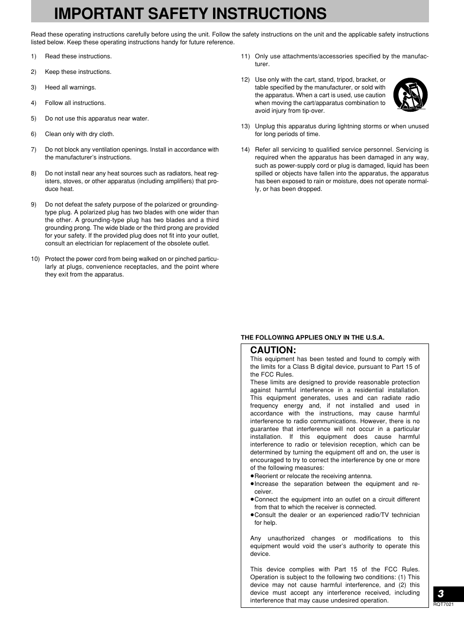 Important safety instructions, Caution | Panasonic SL-1210M5G User Manual | Page 3 / 12