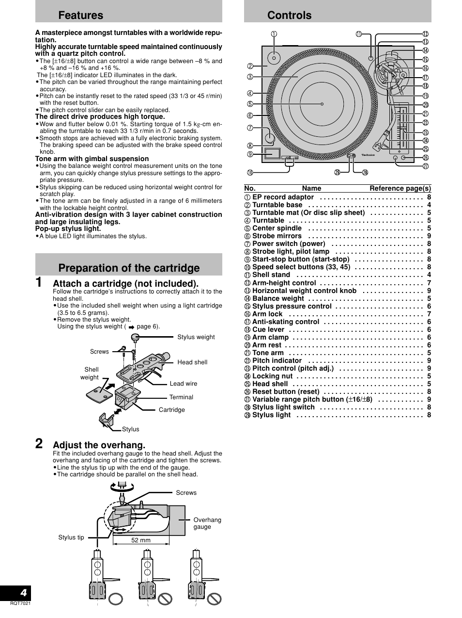 Features, Controls, Preparation of the cartridge | Attach a cartridge (not included), Adjust the overhang | Panasonic SL-1210M5G User Manual | Page 4 / 12