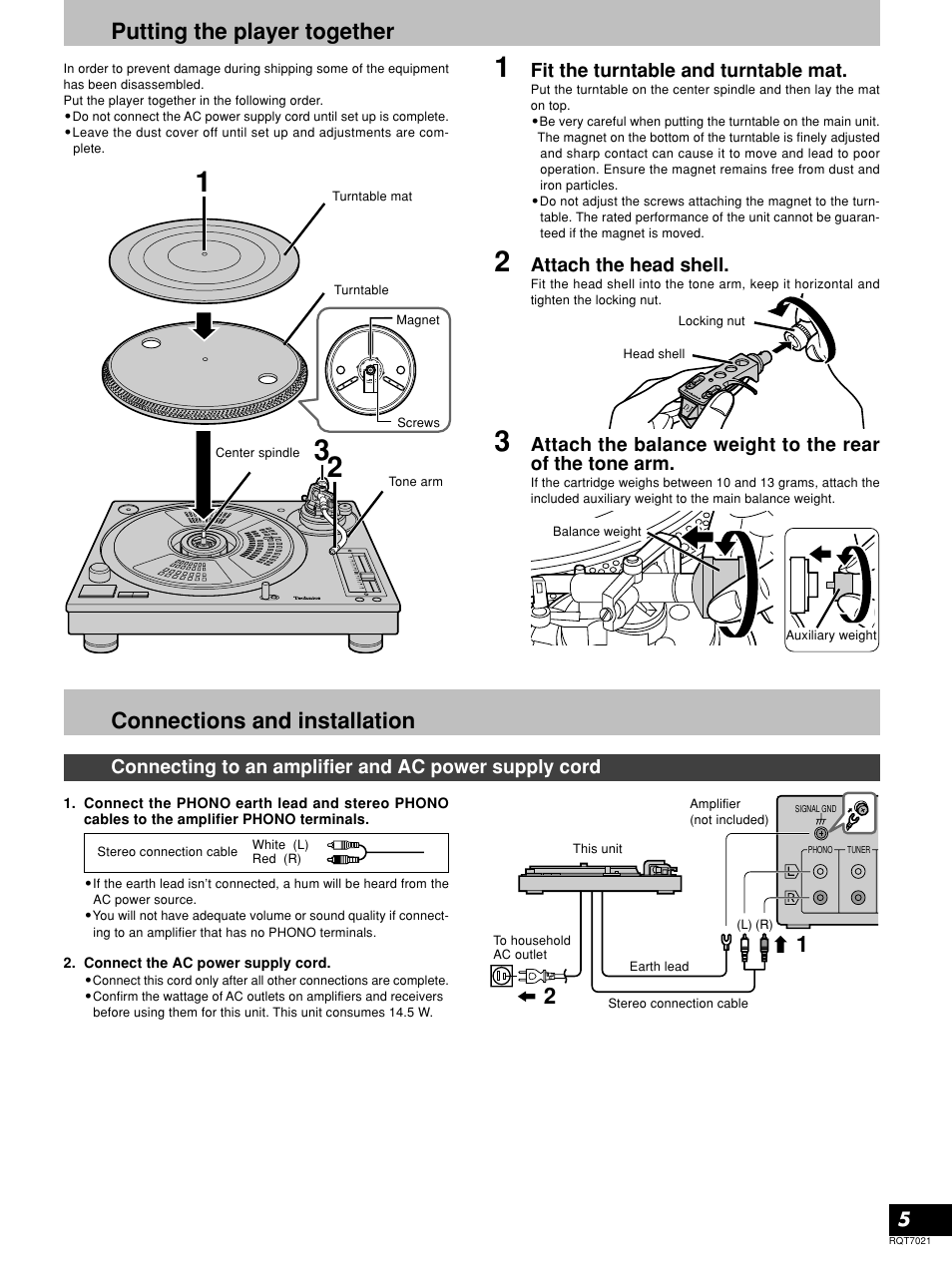 Putting the player together, Connections and installation, Fit the turntable and turntable mat | Attach the head shell | Panasonic SL-1210M5G User Manual | Page 5 / 12