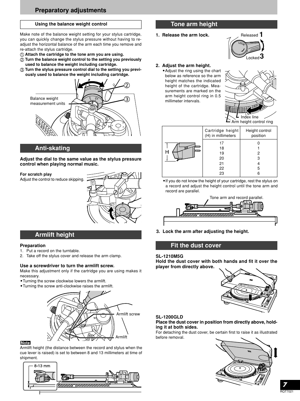 7preparatory adjustments, Anti-skating, Armlift height | Tone arm height, Fit the dust cover | Panasonic SL-1210M5G User Manual | Page 7 / 12