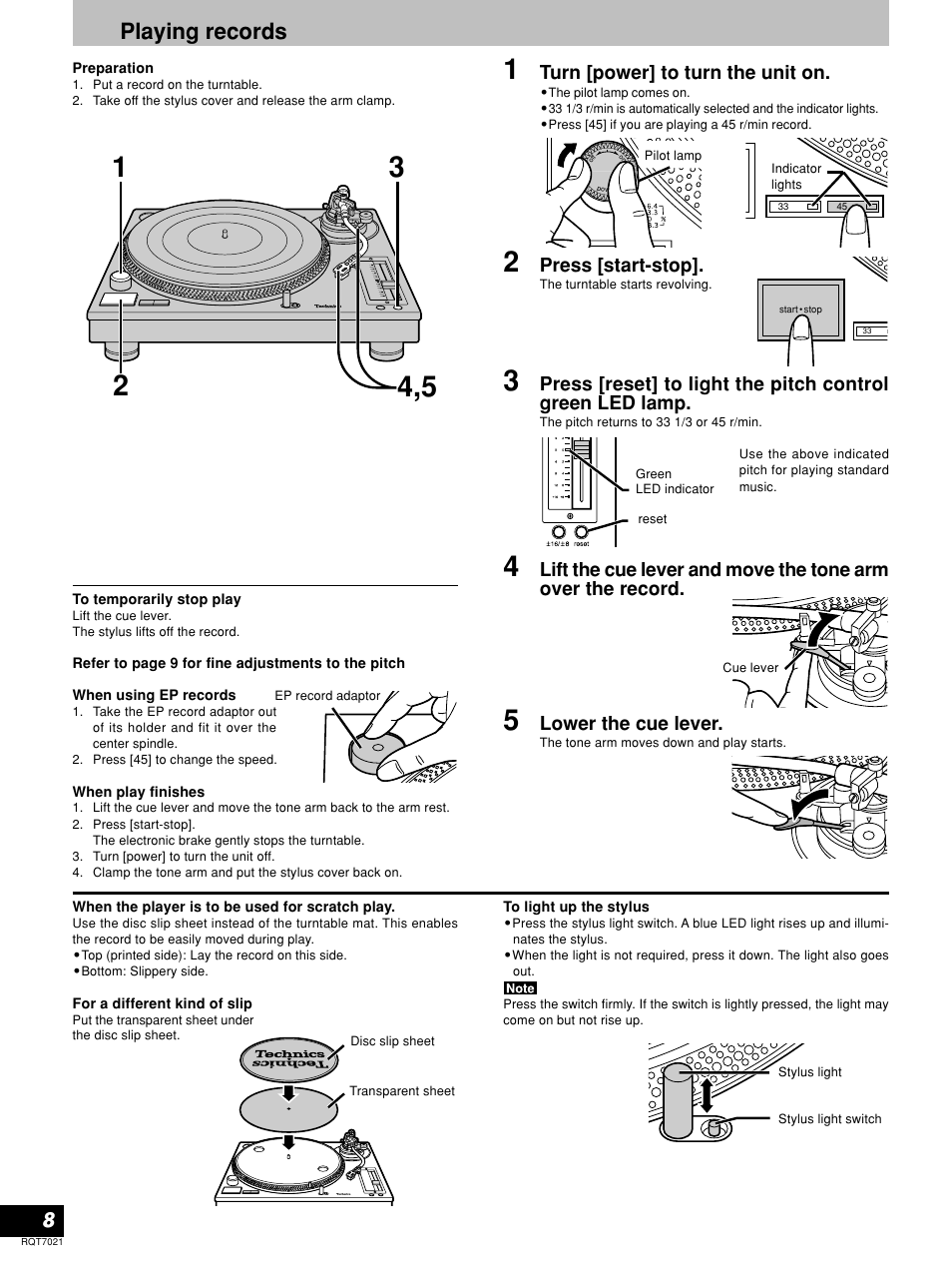 Playing records, Turn [power] to turn the unit on, Press [start-stop | Lower the cue lever | Panasonic SL-1210M5G User Manual | Page 8 / 12