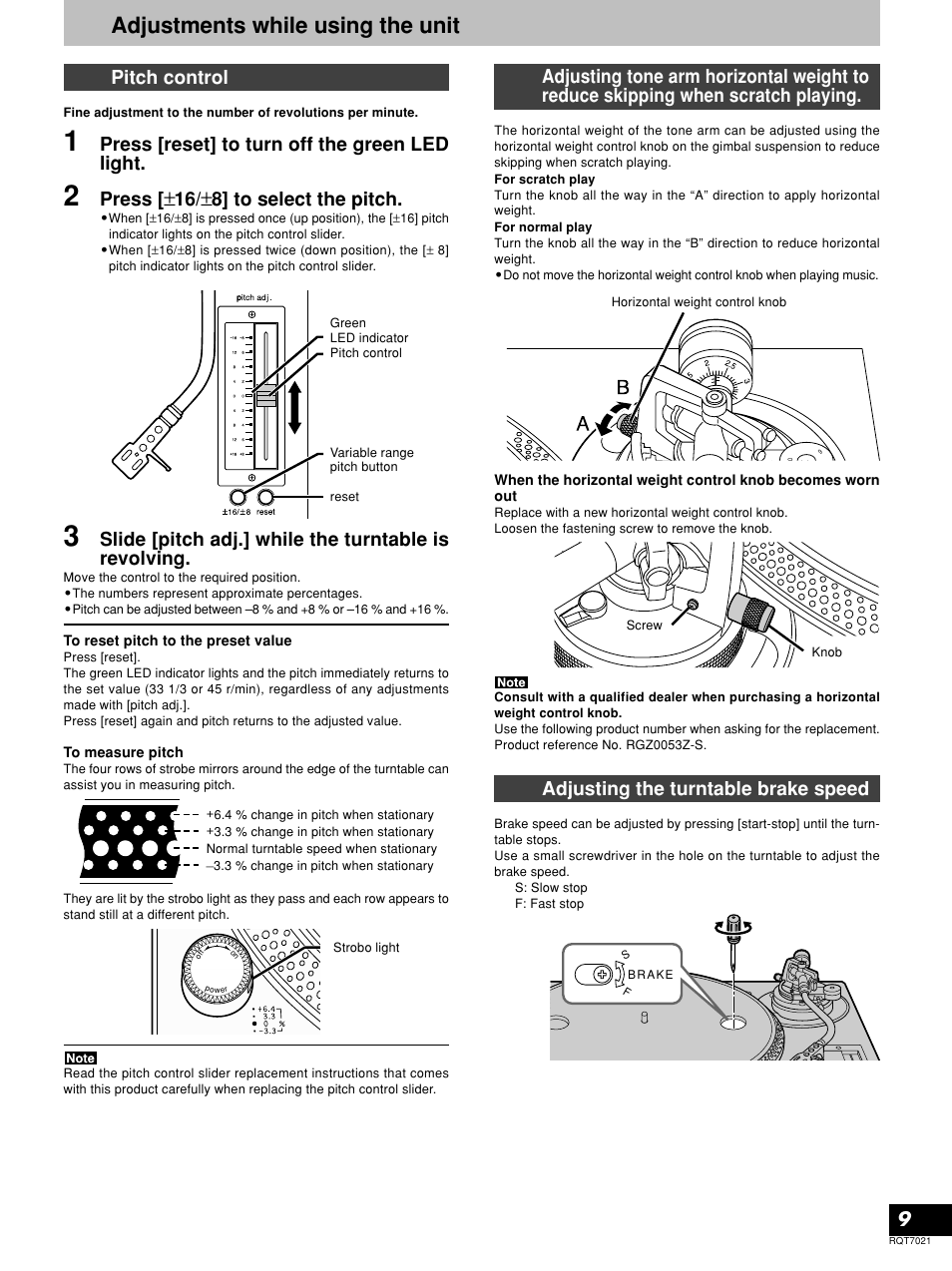 Adjustments while using the unit, 9pitch control, Press [reset] to turn off the green led light | Press, 8] to select the pitch, Adjusting the turntable brake speed | Panasonic SL-1210M5G User Manual | Page 9 / 12