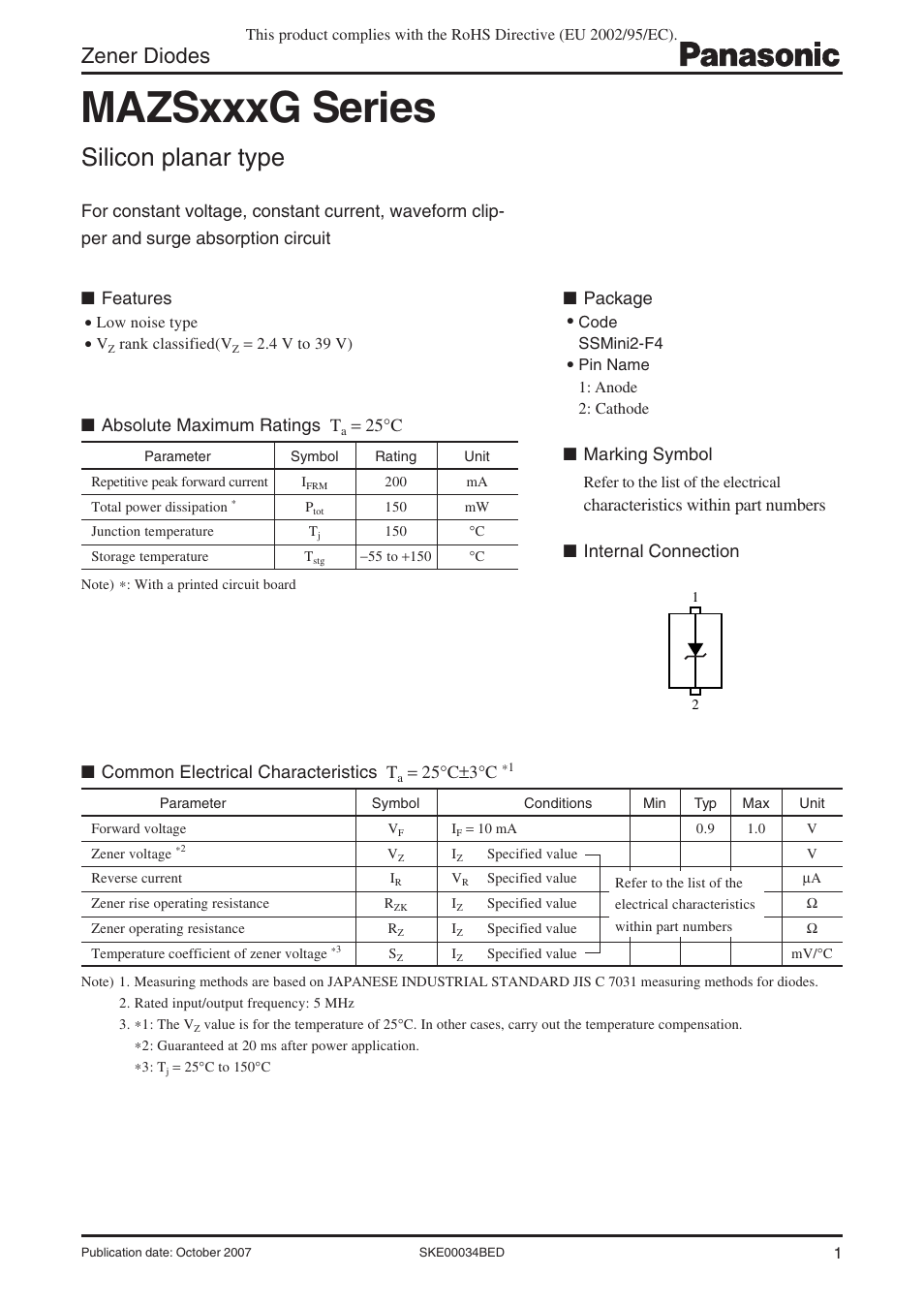 Panasonic Zener Diodes MAZSxxxG Series User Manual | 8 pages