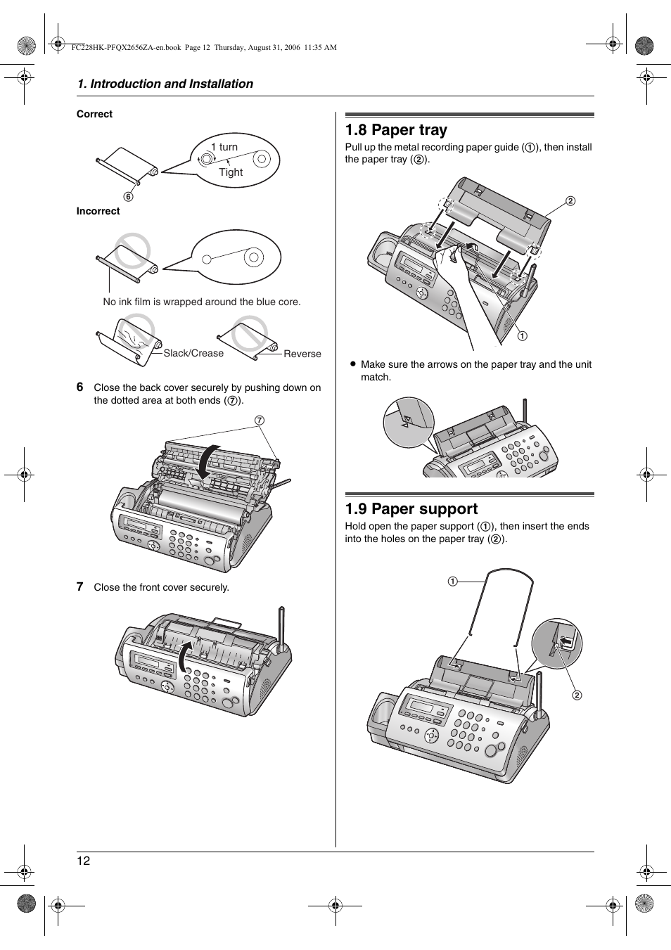 8 paper tray, 9 paper support, Paper tray | Paper support, 8 paper tray, 9 paper support | Panasonic KX-FC228HK User Manual | Page 12 / 80