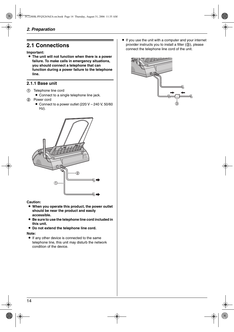 Preparation, Connections and setup, 1 connections | Connections, 1 connections | Panasonic KX-FC228HK User Manual | Page 14 / 80