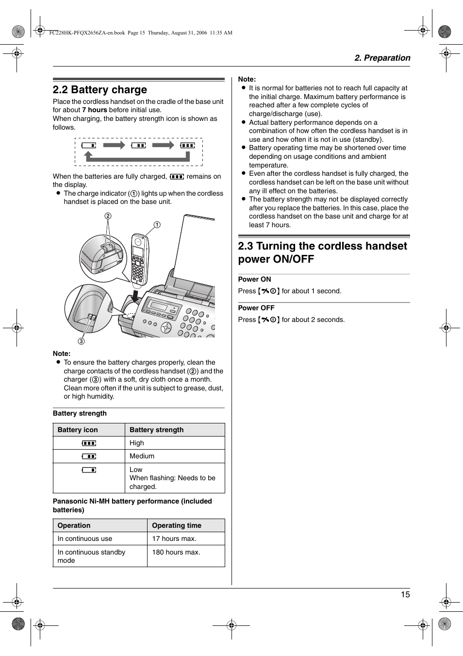 2 battery charge, 3 turning the cordless handset power on/off, Battery charge | Turning the cordless handset power on/off, 2 battery charge, 3 turning the cordless handset power on/off | Panasonic KX-FC228HK User Manual | Page 15 / 80