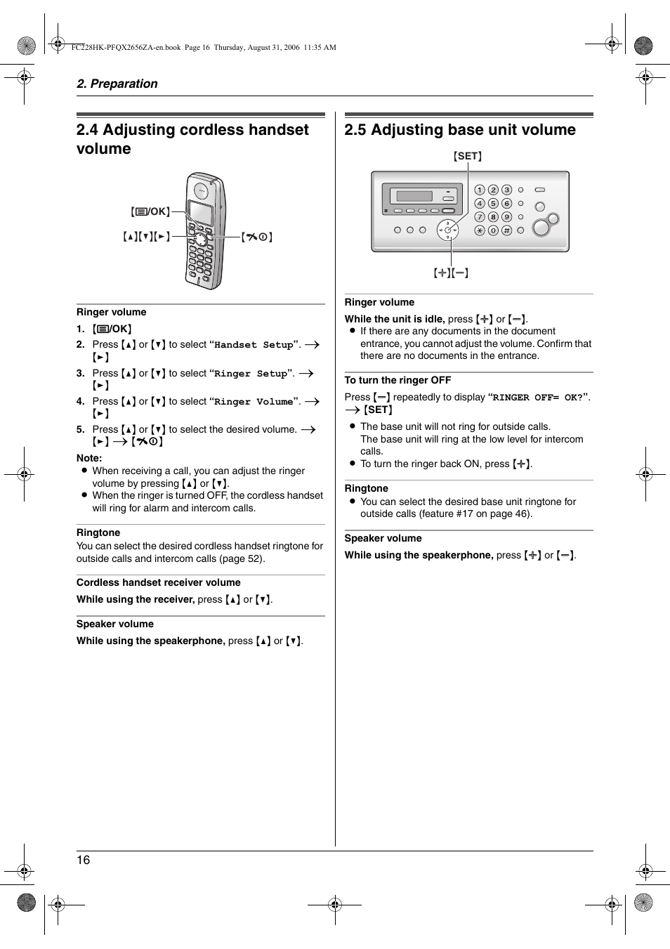 Volume, 4 adjusting cordless handset volume, 5 adjusting base unit volume | Adjusting cordless handset volume, Adjusting base unit volume, 4 adjusting cordless handset volume, 5 adjusting base unit volume | Panasonic KX-FC228HK User Manual | Page 16 / 80