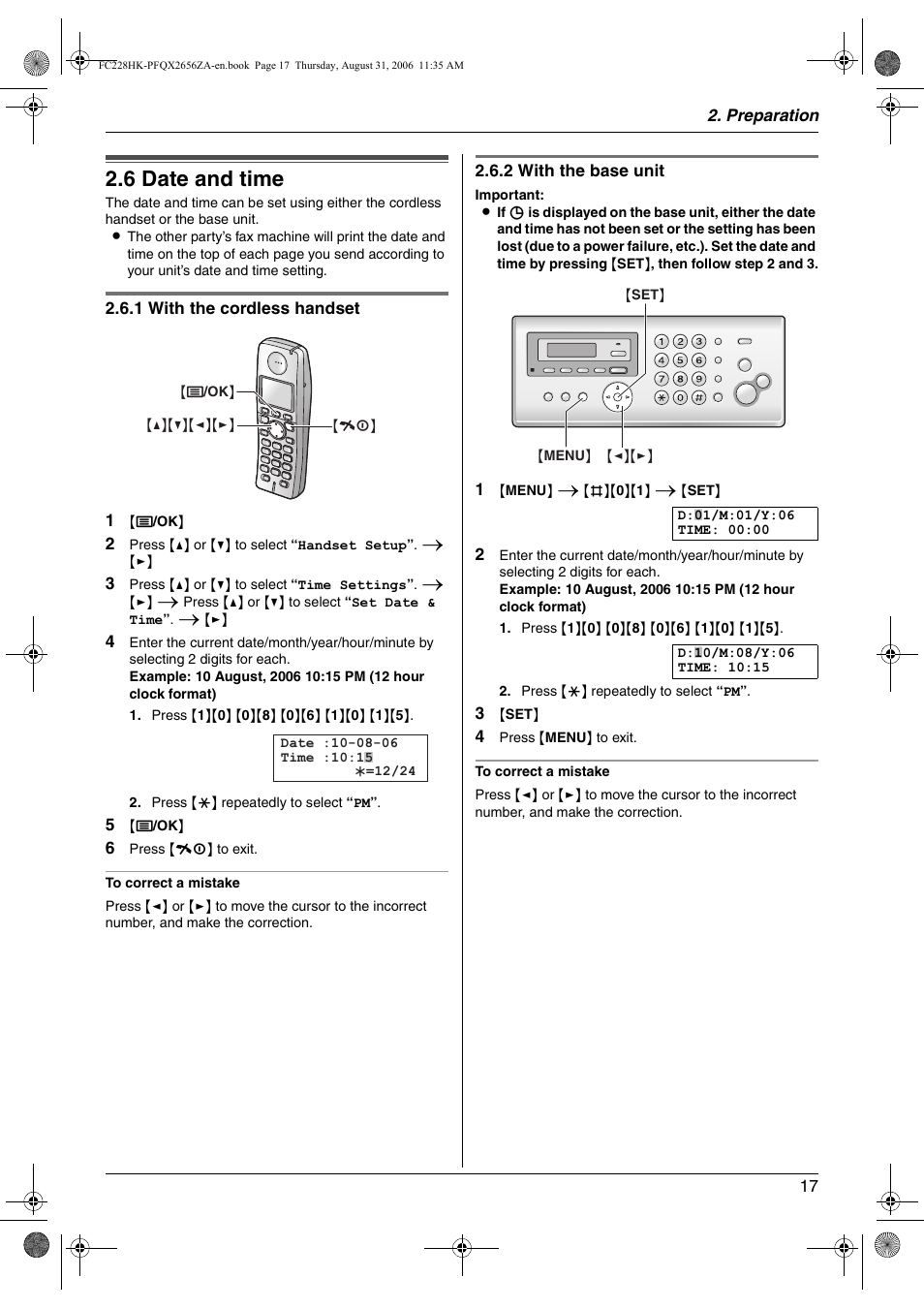 Initial programming, 6 date and time, Date and time | 6 date and time | Panasonic KX-FC228HK User Manual | Page 17 / 80