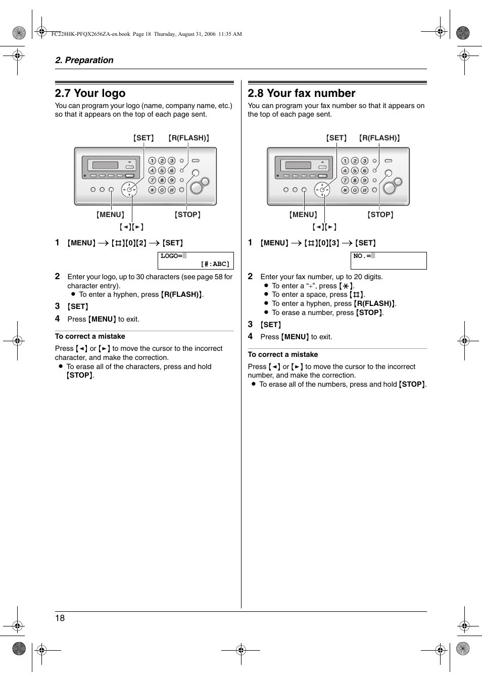 7 your logo, 8 your fax number, Your logo | Your fax number, 7 your logo, 8 your fax number | Panasonic KX-FC228HK User Manual | Page 18 / 80