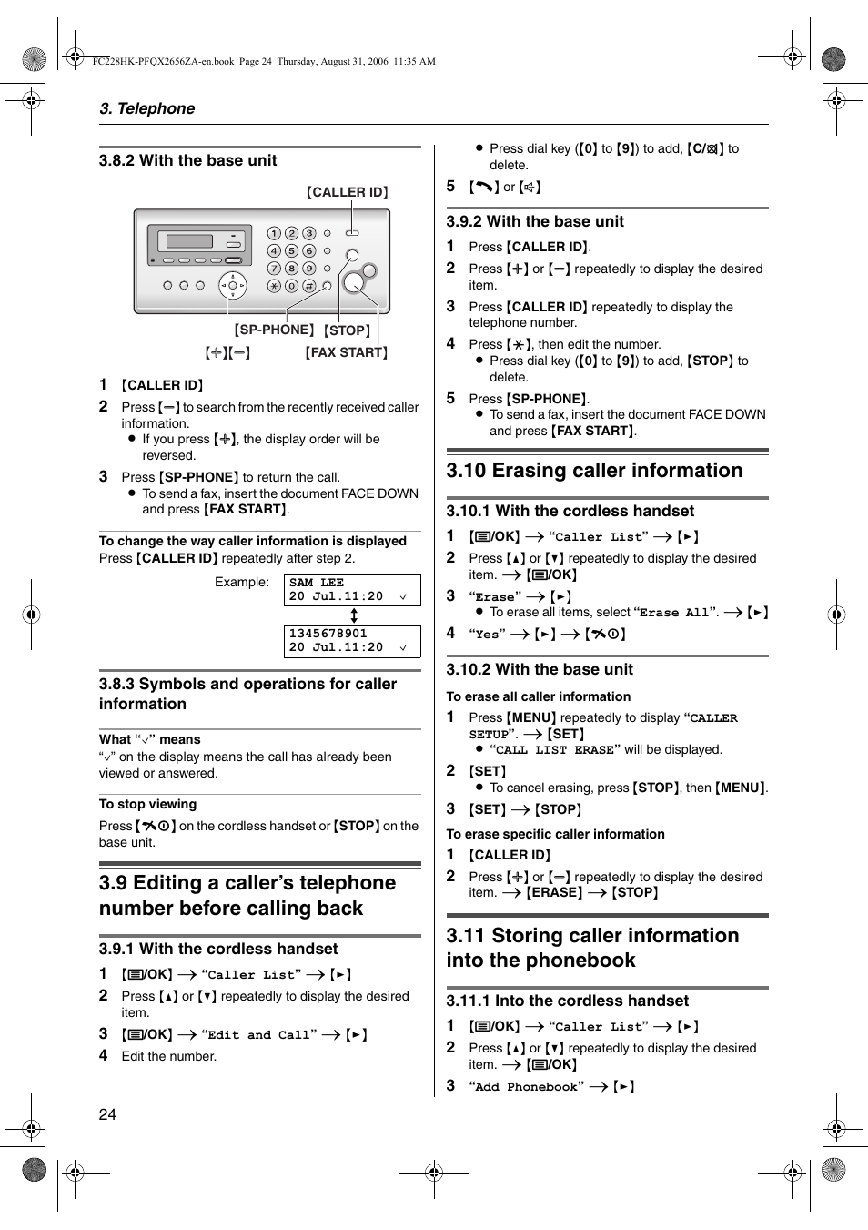 10 erasing caller information, 11 storing caller information into the phonebook, Erasing caller information | Storing caller information into the phonebook, 10 erasing caller information, 11 storing caller information into the phonebook | Panasonic KX-FC228HK User Manual | Page 24 / 80