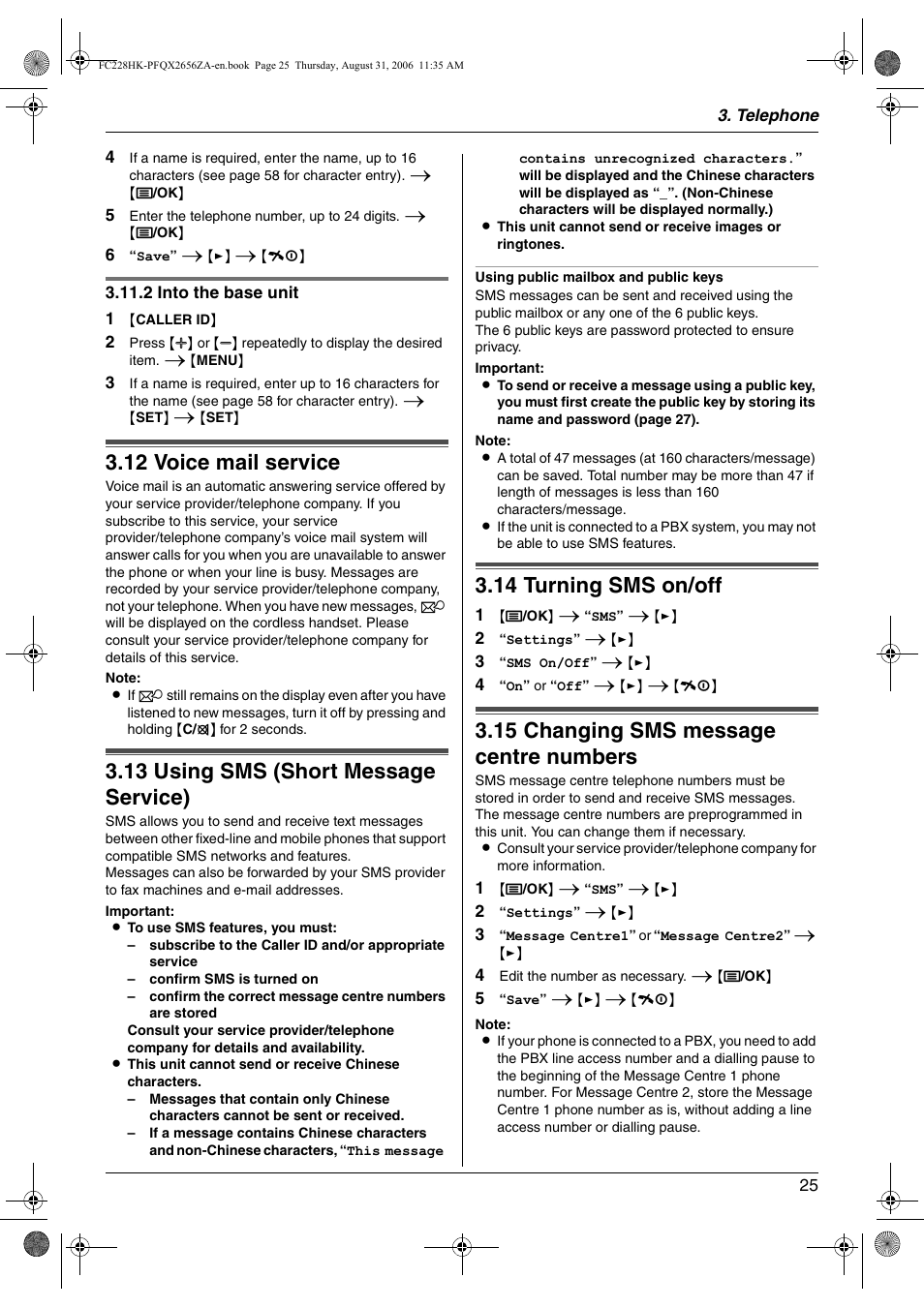 12 voice mail service, 13 using sms (short message service), 14 turning sms on/off | 15 changing sms message centre numbers, Voice mail service, Using sms (short message service), Turning sms on/off, Changing sms message centre numbers, 12 voice mail service, 13 using sms (short message service) | Panasonic KX-FC228HK User Manual | Page 25 / 80