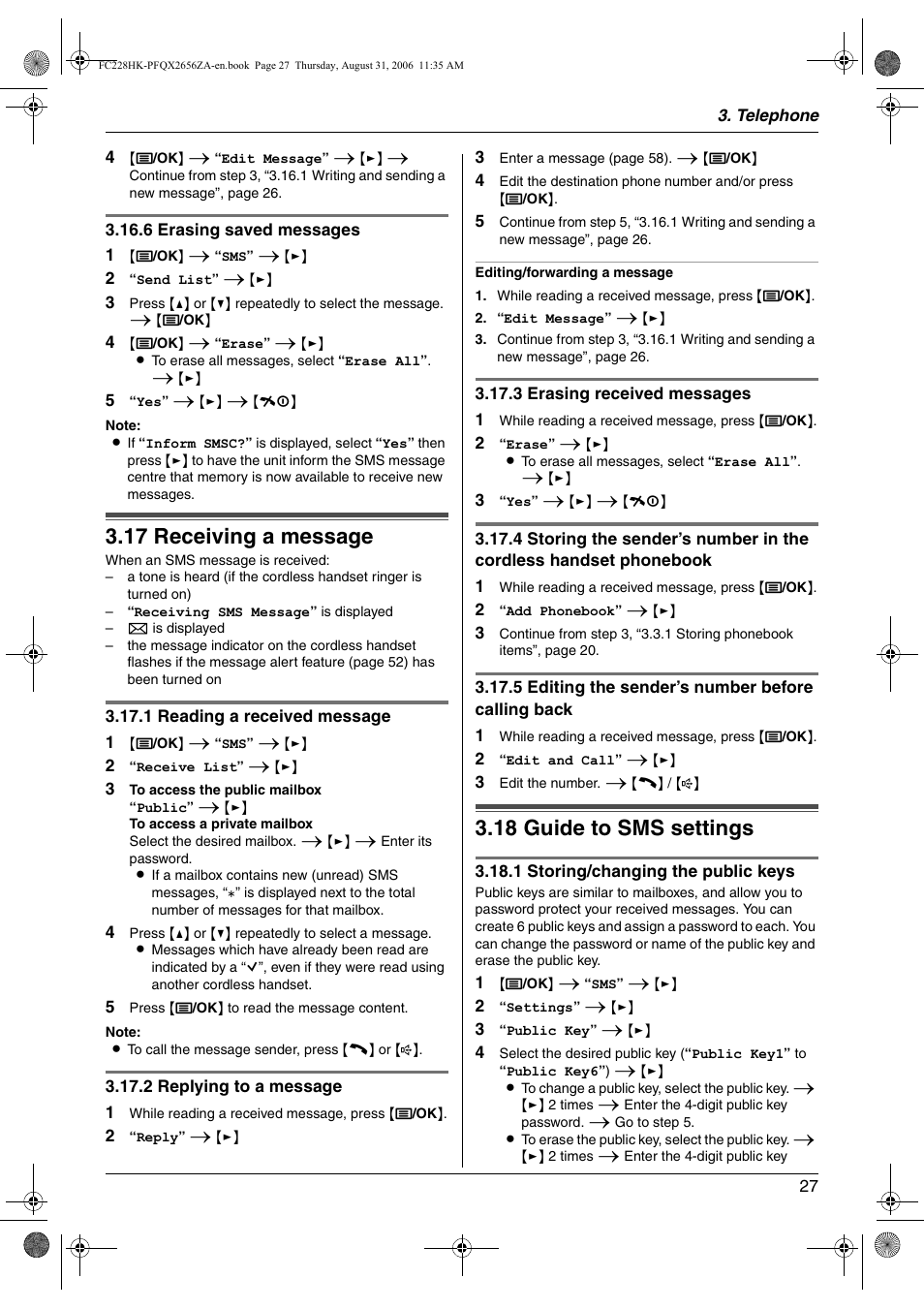 17 receiving a message, 18 guide to sms settings, Receiving a message | Guide to sms settings, 17 receiving a message, 18 guide to sms settings | Panasonic KX-FC228HK User Manual | Page 27 / 80