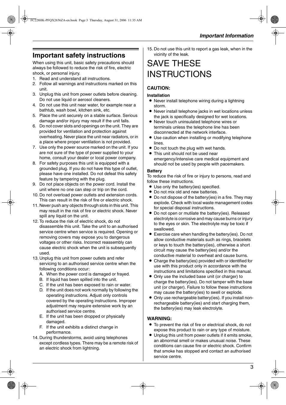 Important information, Safety instructions, Important safety instructions | Save these instructions | Panasonic KX-FC228HK User Manual | Page 3 / 80