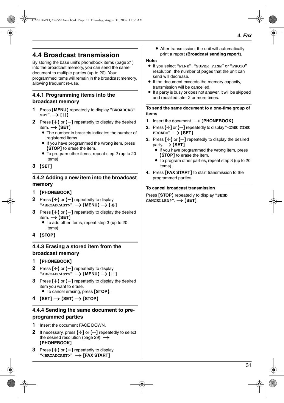 4 broadcast transmission, Broadcast transmission, 4 broadcast transmission | Panasonic KX-FC228HK User Manual | Page 31 / 80