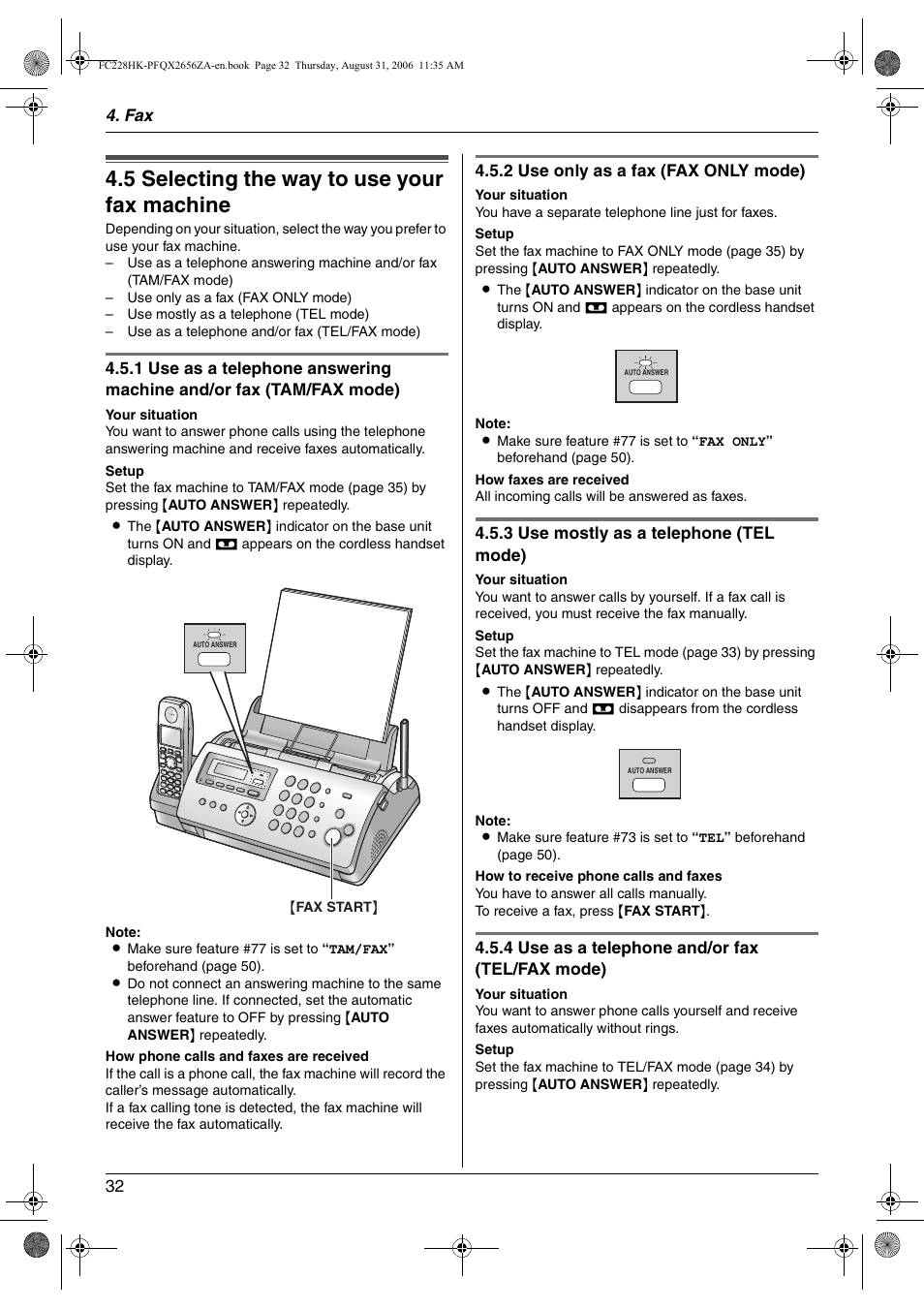 Receiving faxes, 5 selecting the way to use your fax machine, Selecting the way to use your fax machine | 5 selecting the way to use your fax machine | Panasonic KX-FC228HK User Manual | Page 32 / 80