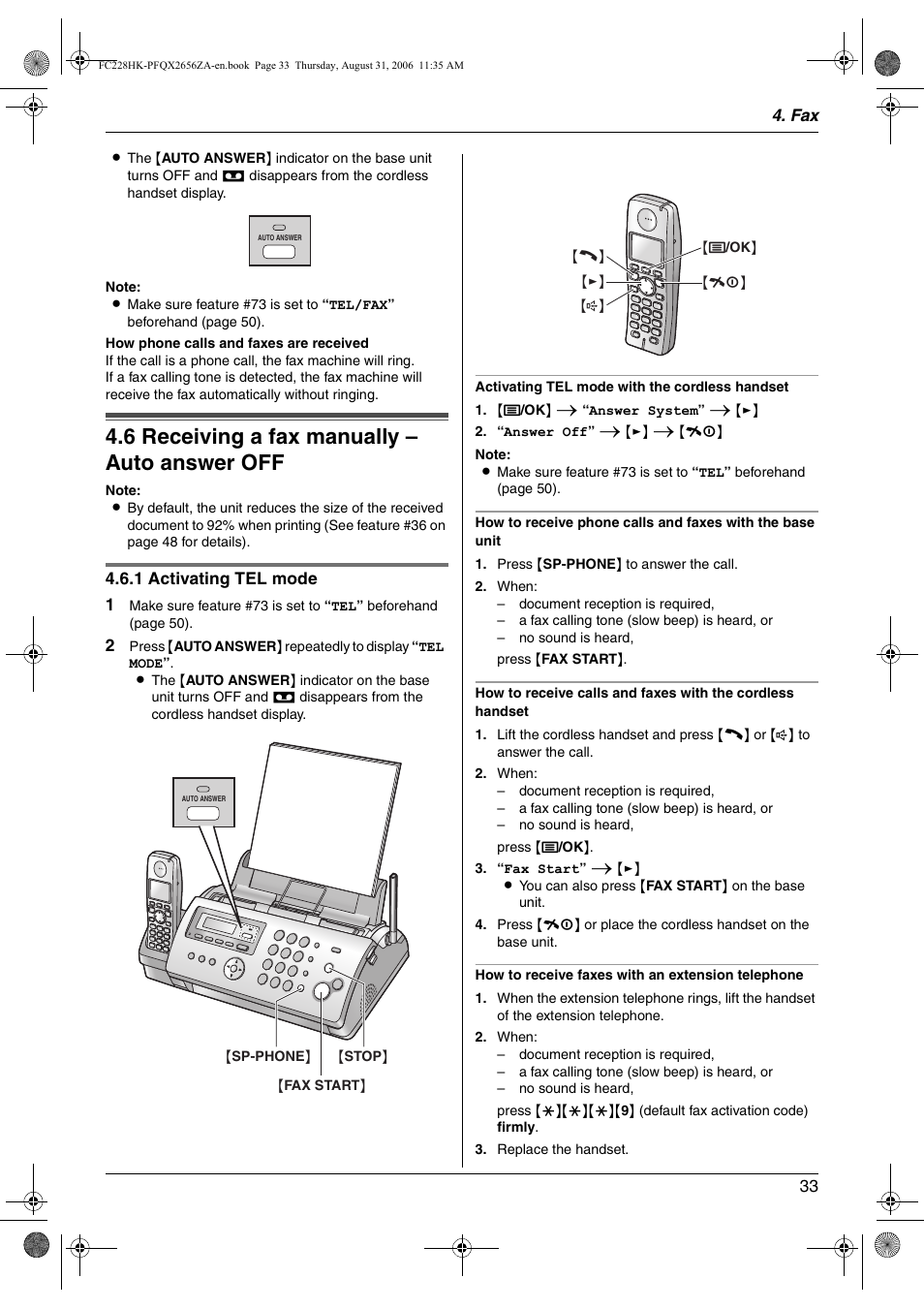 6 receiving a fax manually – auto answer off, Receiving a fax manually – auto answer off, 6 receiving a fax manually – auto answer off | Panasonic KX-FC228HK User Manual | Page 33 / 80