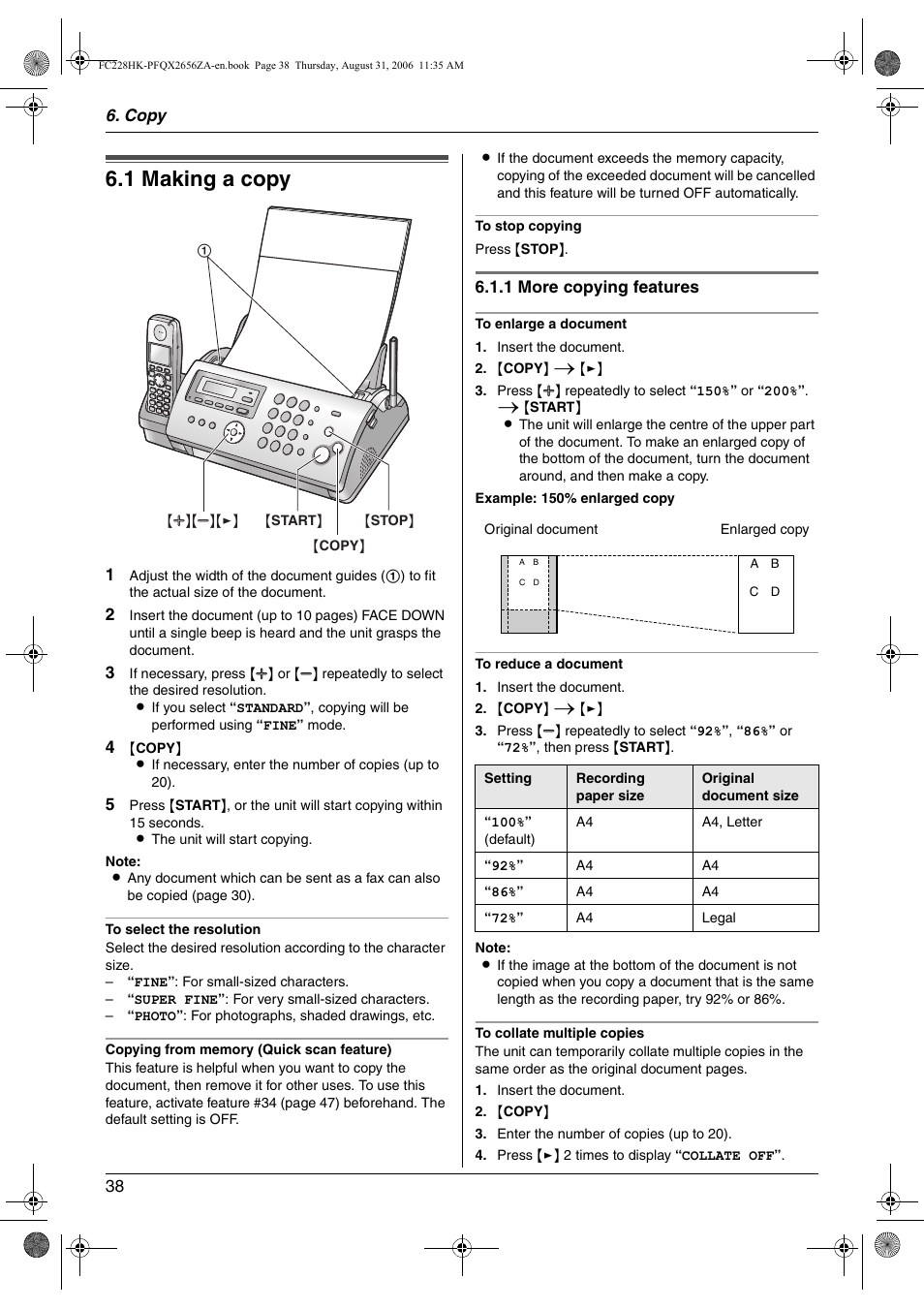 Copy, Copying, 1 making a copy | Making a copy, 1 making a copy | Panasonic KX-FC228HK User Manual | Page 38 / 80