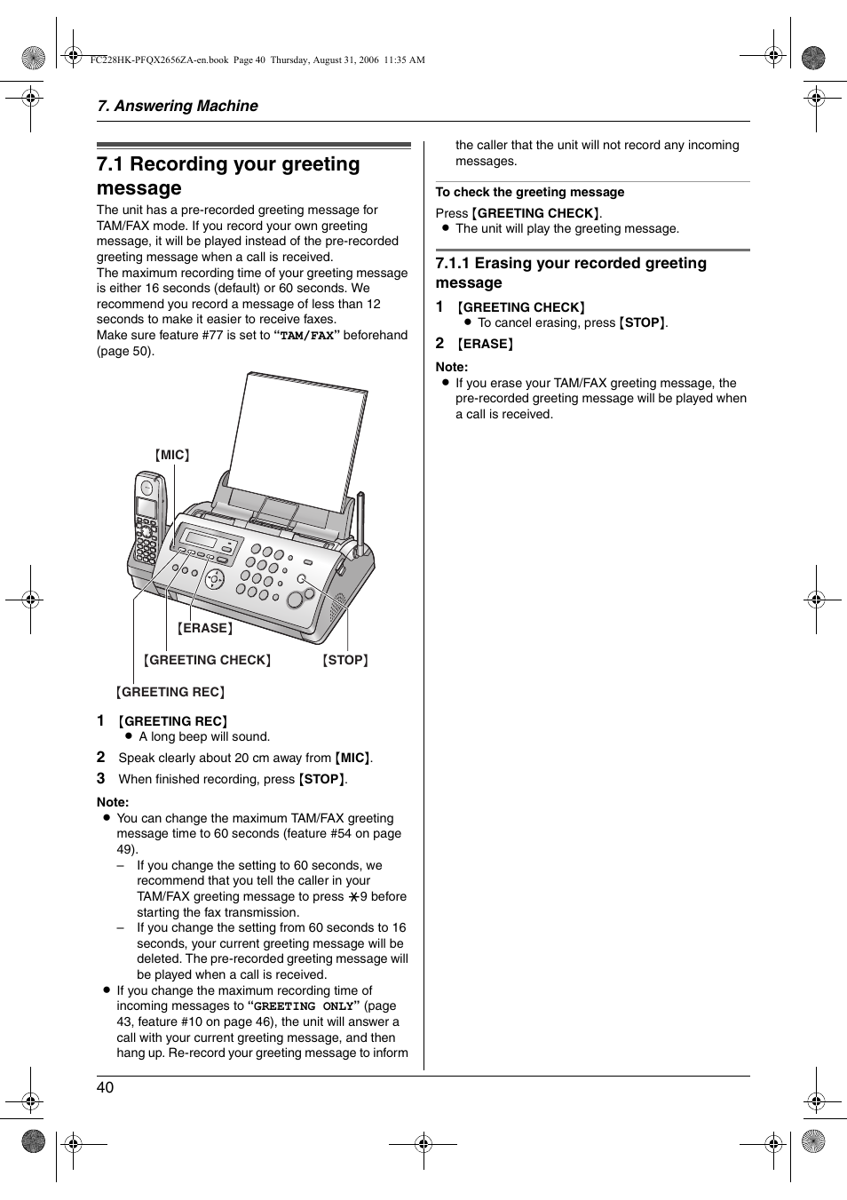 Answering machine, Greeting, 1 recording your greeting message | Recording your greeting message, 1 recording your greeting message | Panasonic KX-FC228HK User Manual | Page 40 / 80